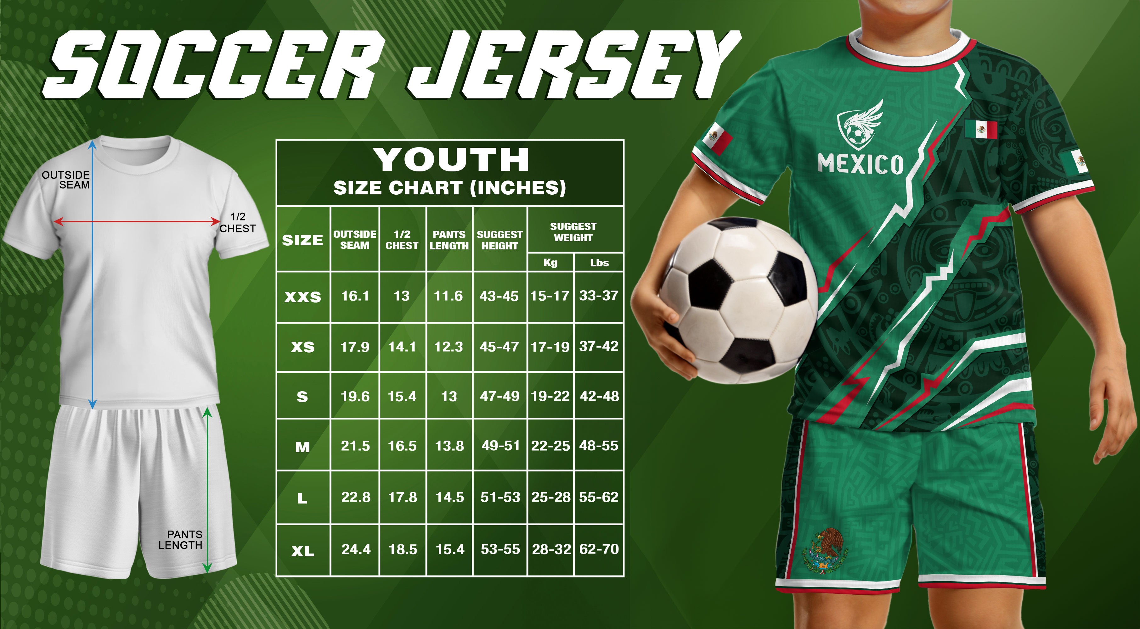 Mexico Kids Green Aztec Pattern Crest Design Soccer Jersey