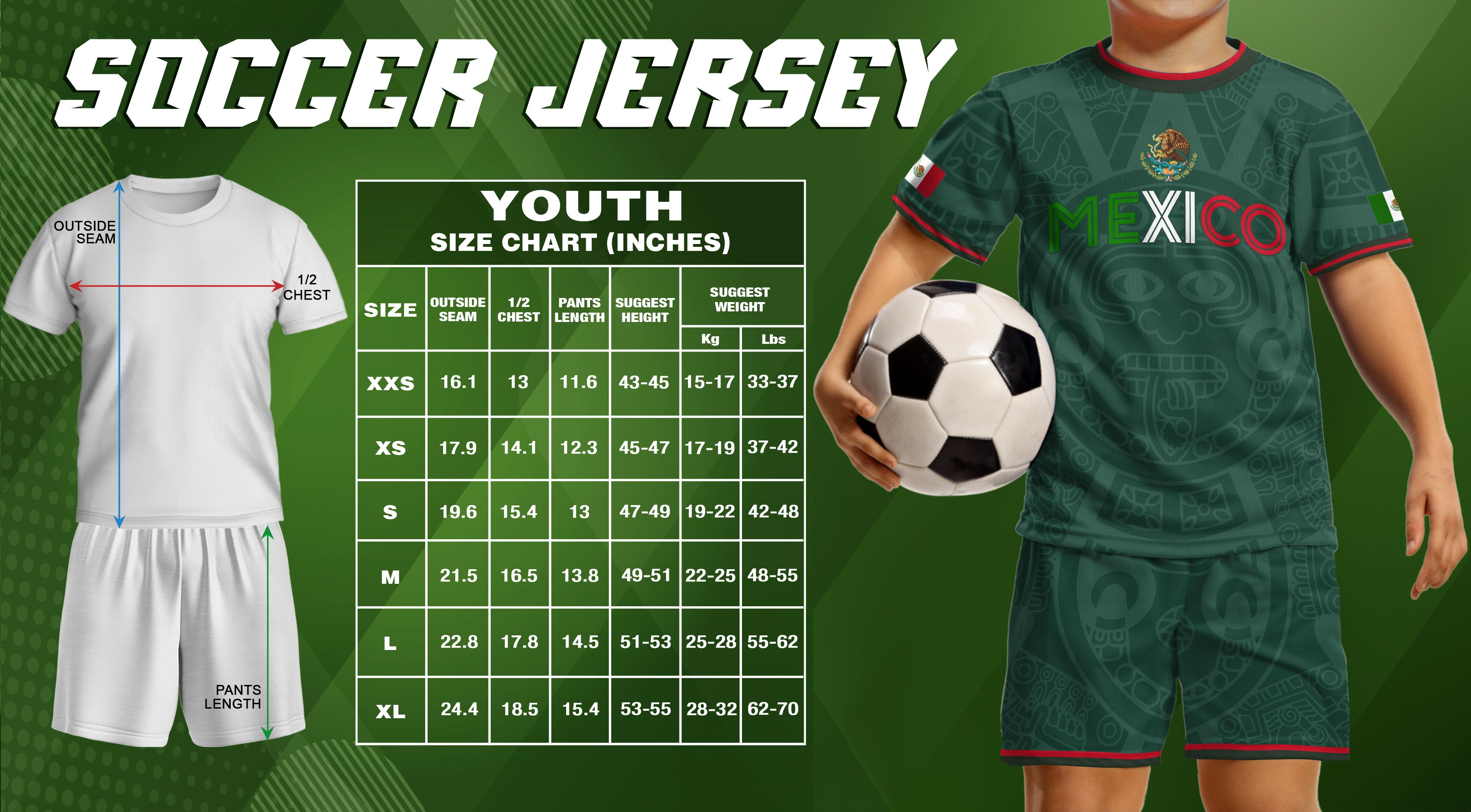 Mexico Kids Green Flag Colors Aztec Pattern Design Soccer Jersey