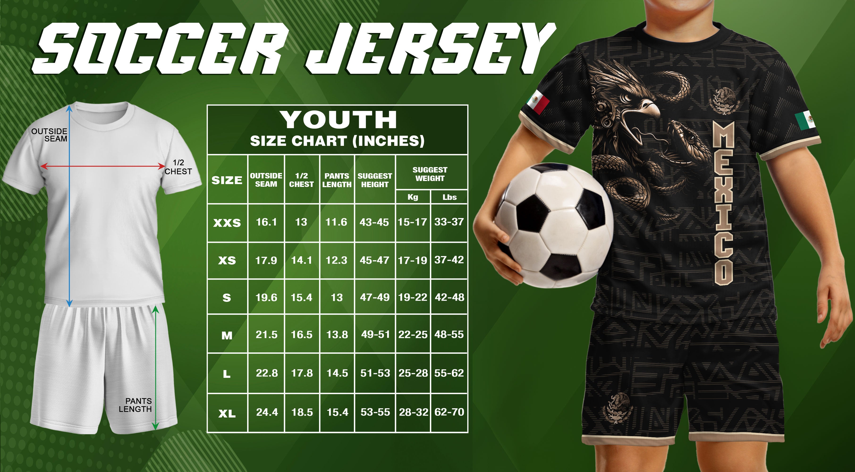 Mexico Kids Black Gold Aztec Eagle Serpent Design Soccer Jersey