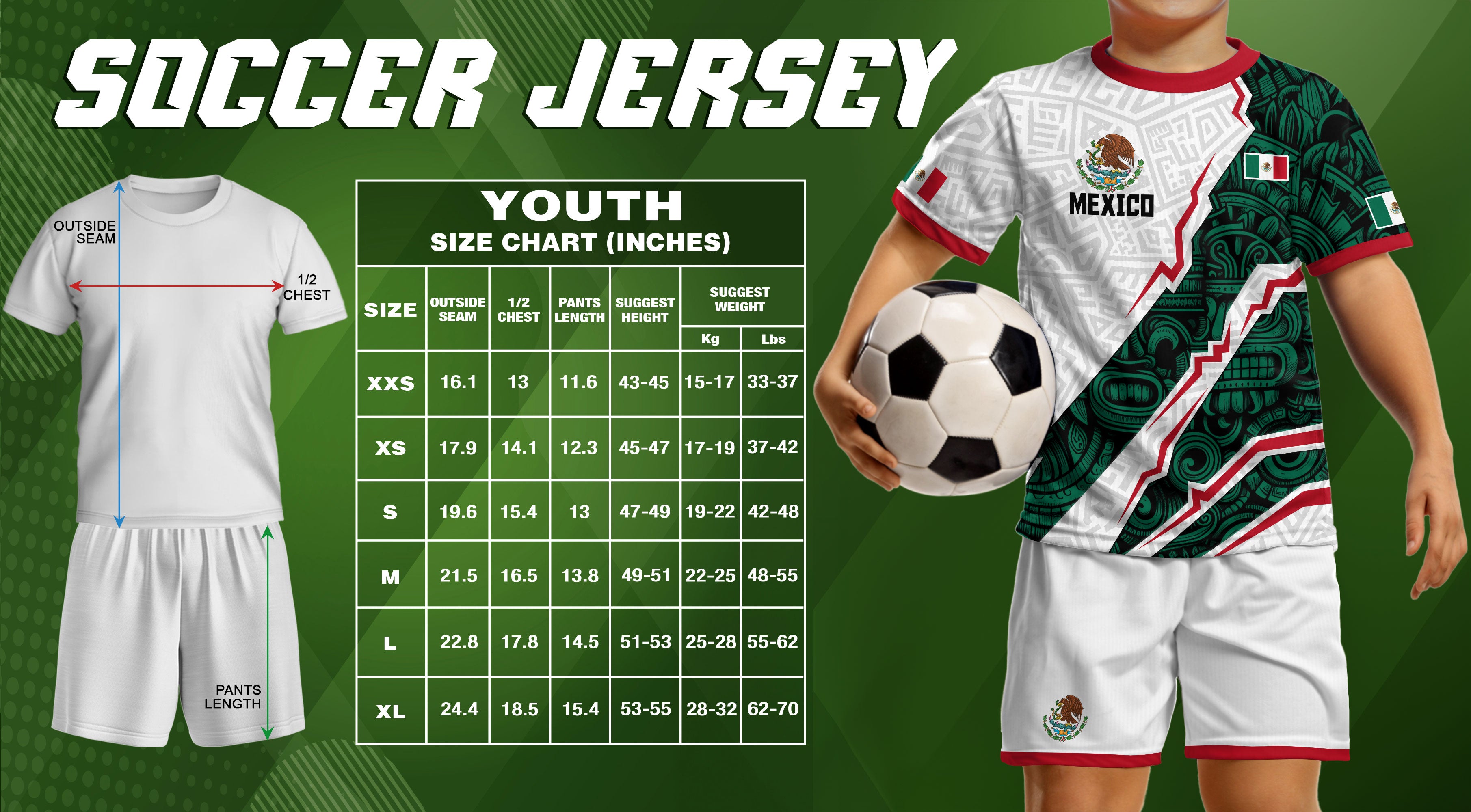 Mexico Kids White Green Aztec Pattern Flag Design Soccer Jersey