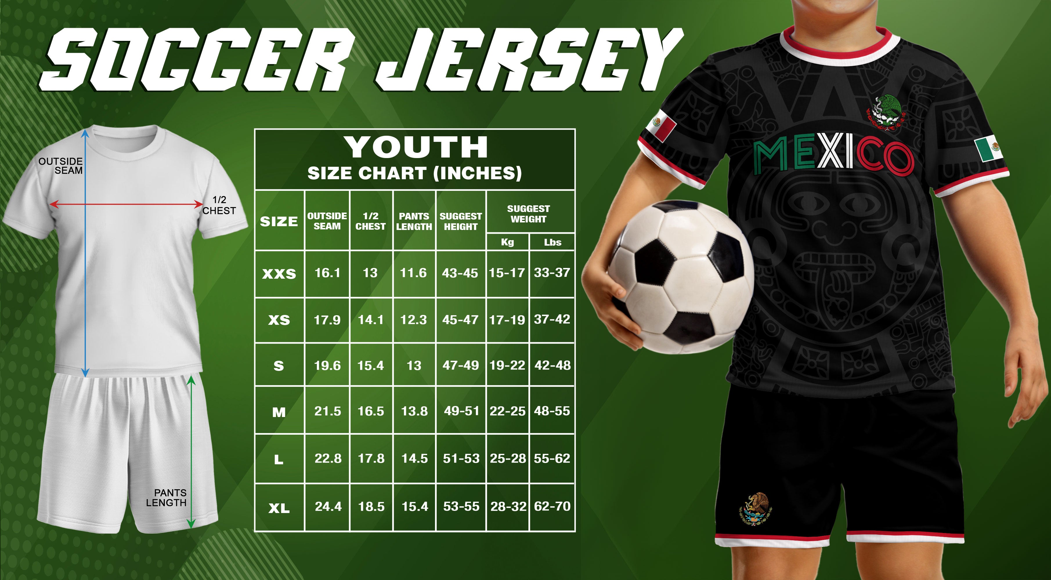 Mexico Kids Soccer Jersey Black Aztec Flag Colors Design