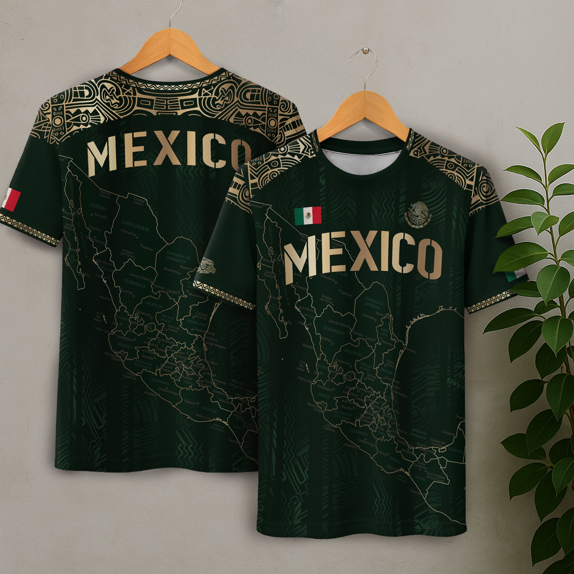 Mexico Heritage Map Green Soccer Jersey with Golden Aztec Details