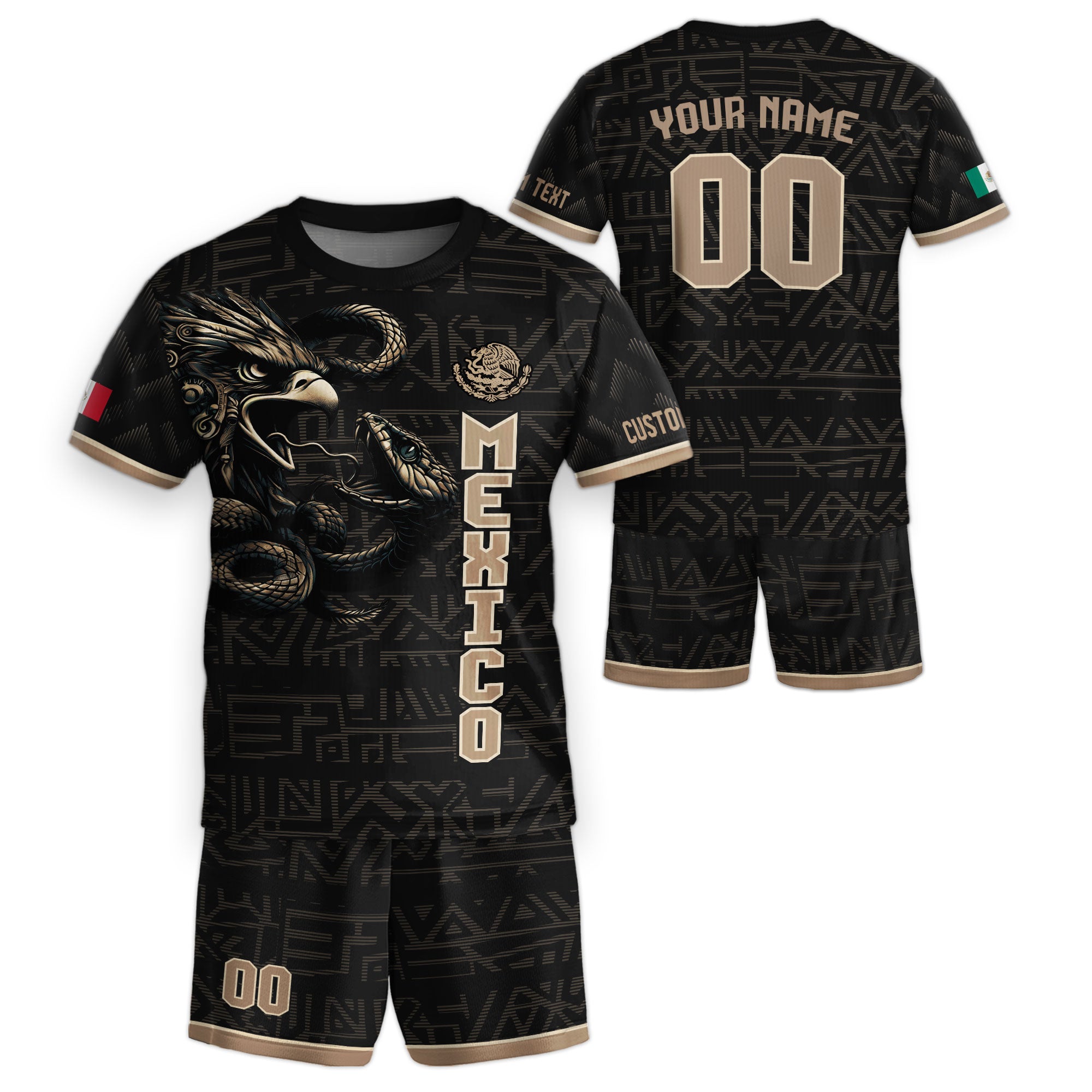 Custom Mexico Kids Soccer Jersey Set Black Gold Heritage Eagle Snake