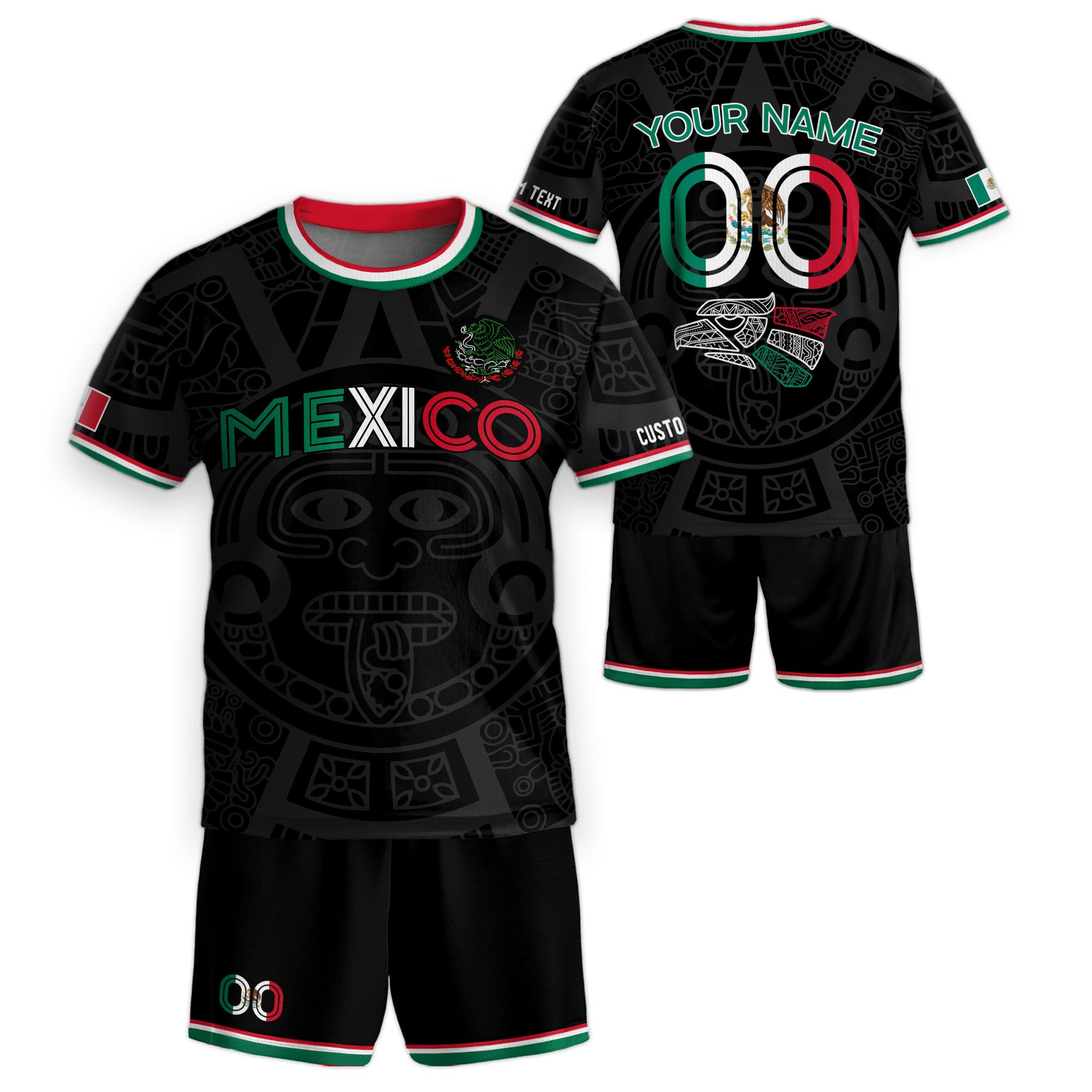 Custom Mexico Kids Soccer Jersey Black Heritage Pattern