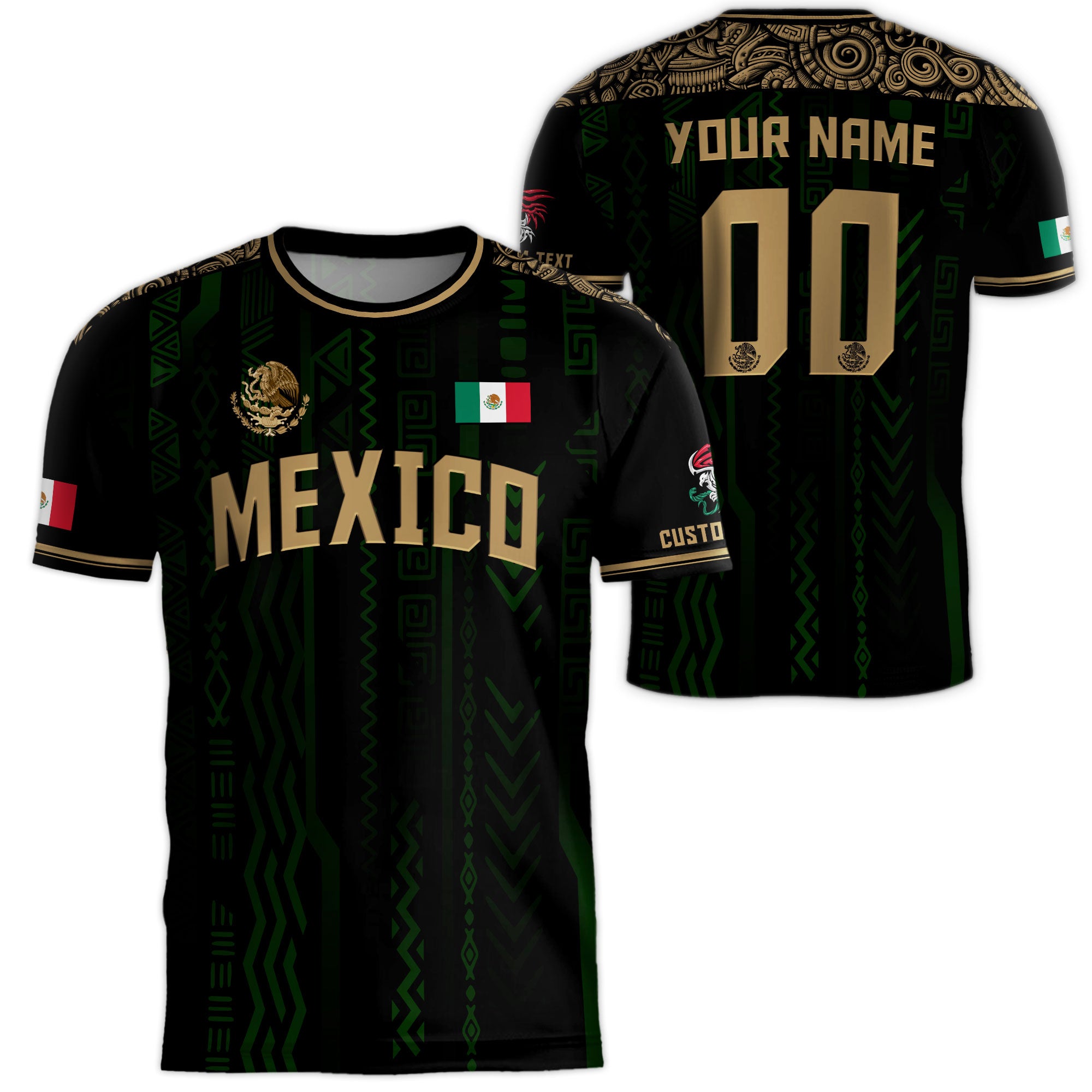 Custom Mexico Soccer Jersey Black Gold Aztec Pattern