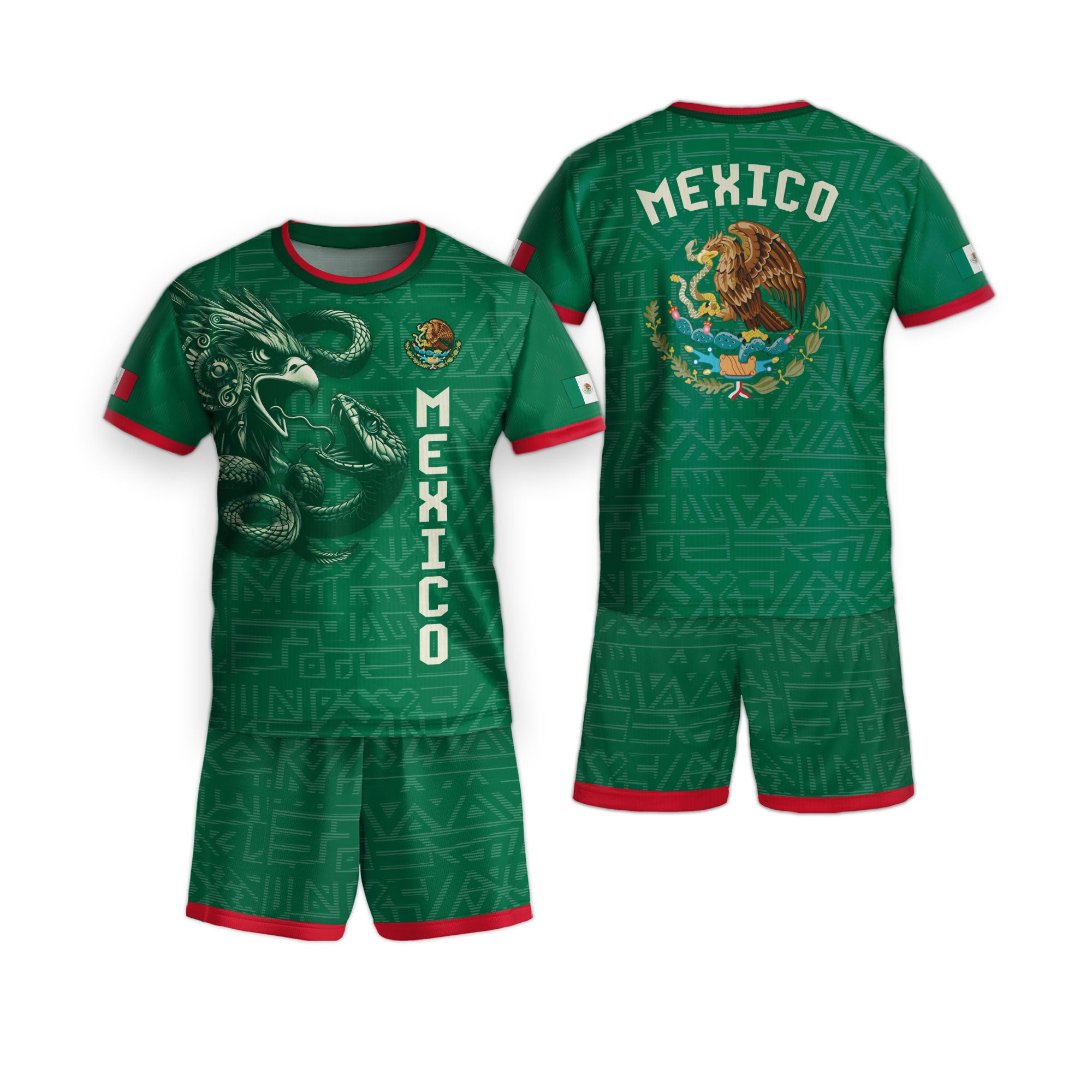 Mexico Kids Soccer Jersey Set Green Aztec Eagle Serpent Design