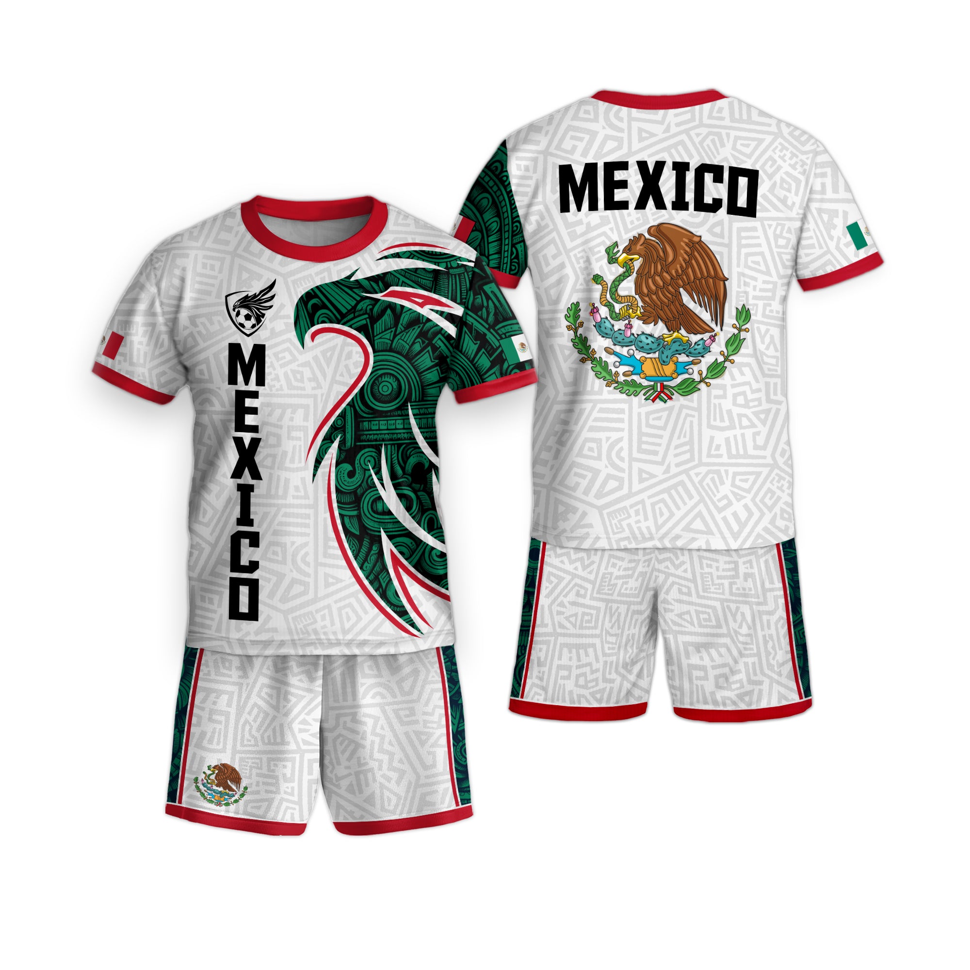 Mexico Kids Soccer Jersey White Green Aztec Eagle Design