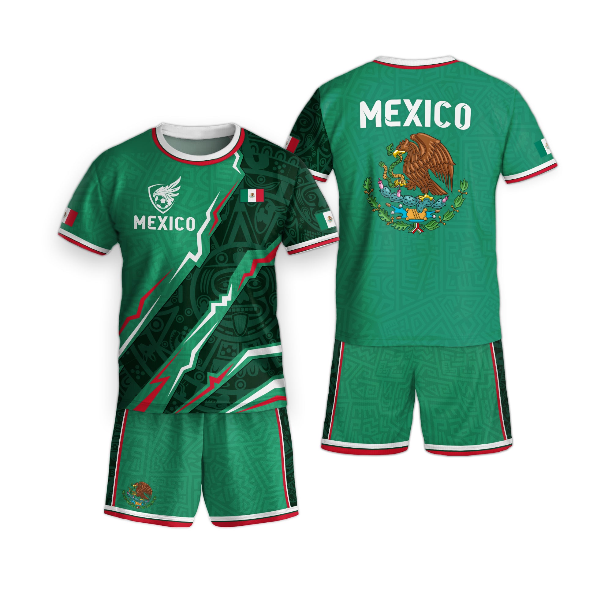 Mexico Kids Green Aztec Pattern Crest Design Soccer Jersey