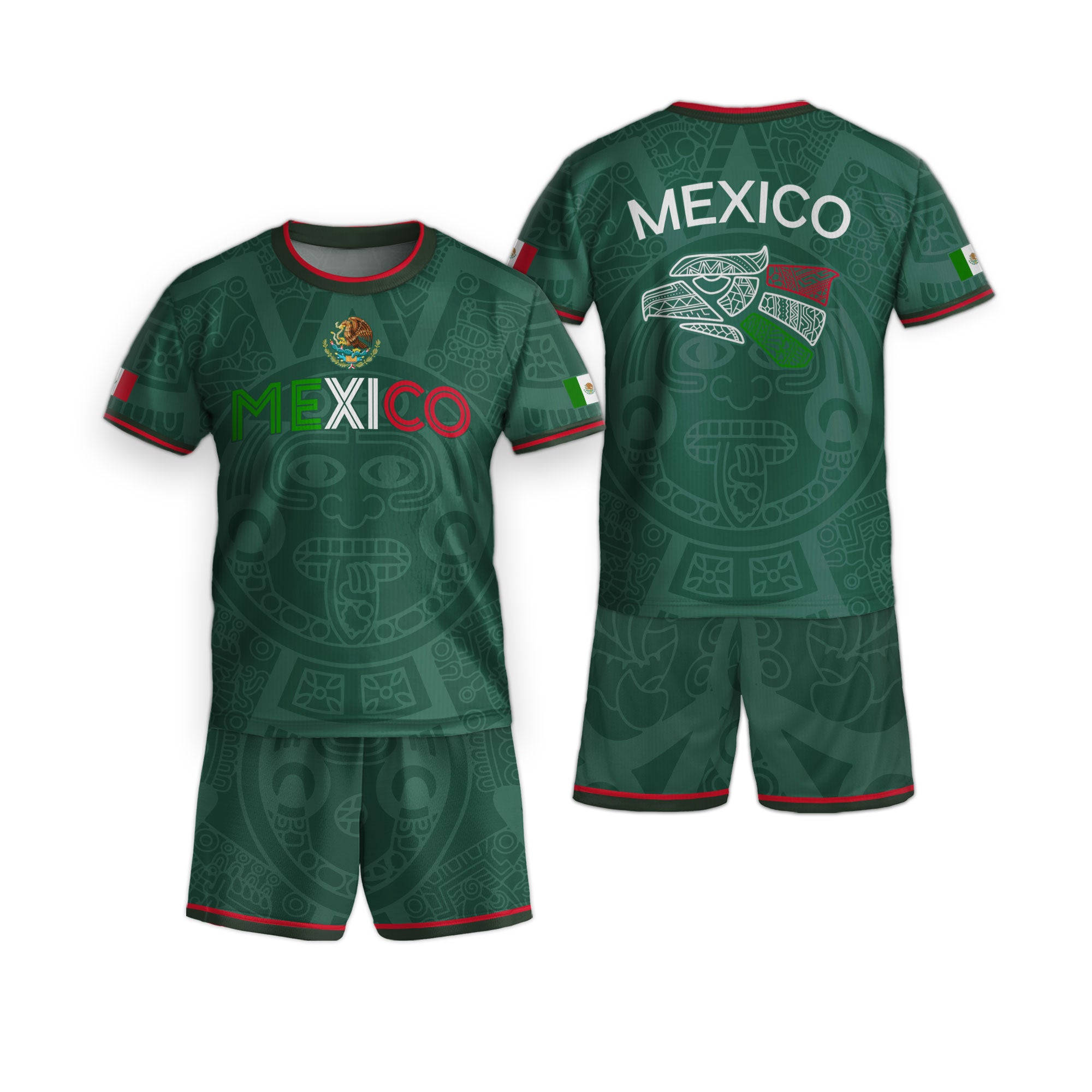 Mexico Kids Green Flag Colors Aztec Pattern Design Soccer Jersey