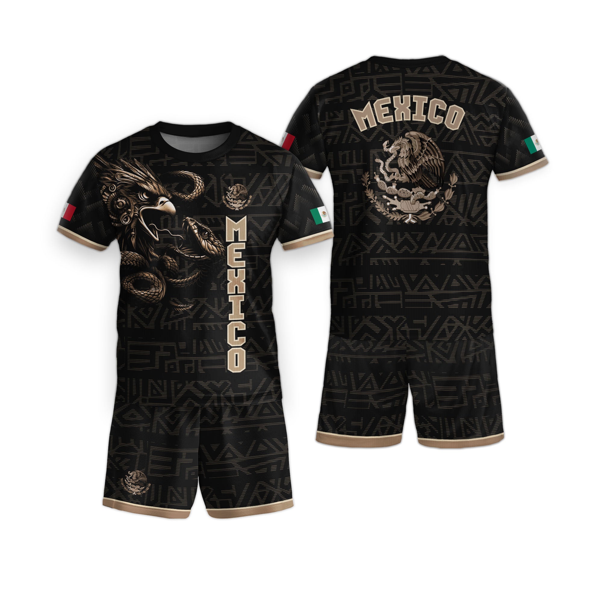 Mexico Kids Black Gold Aztec Eagle Serpent Design Soccer Jersey
