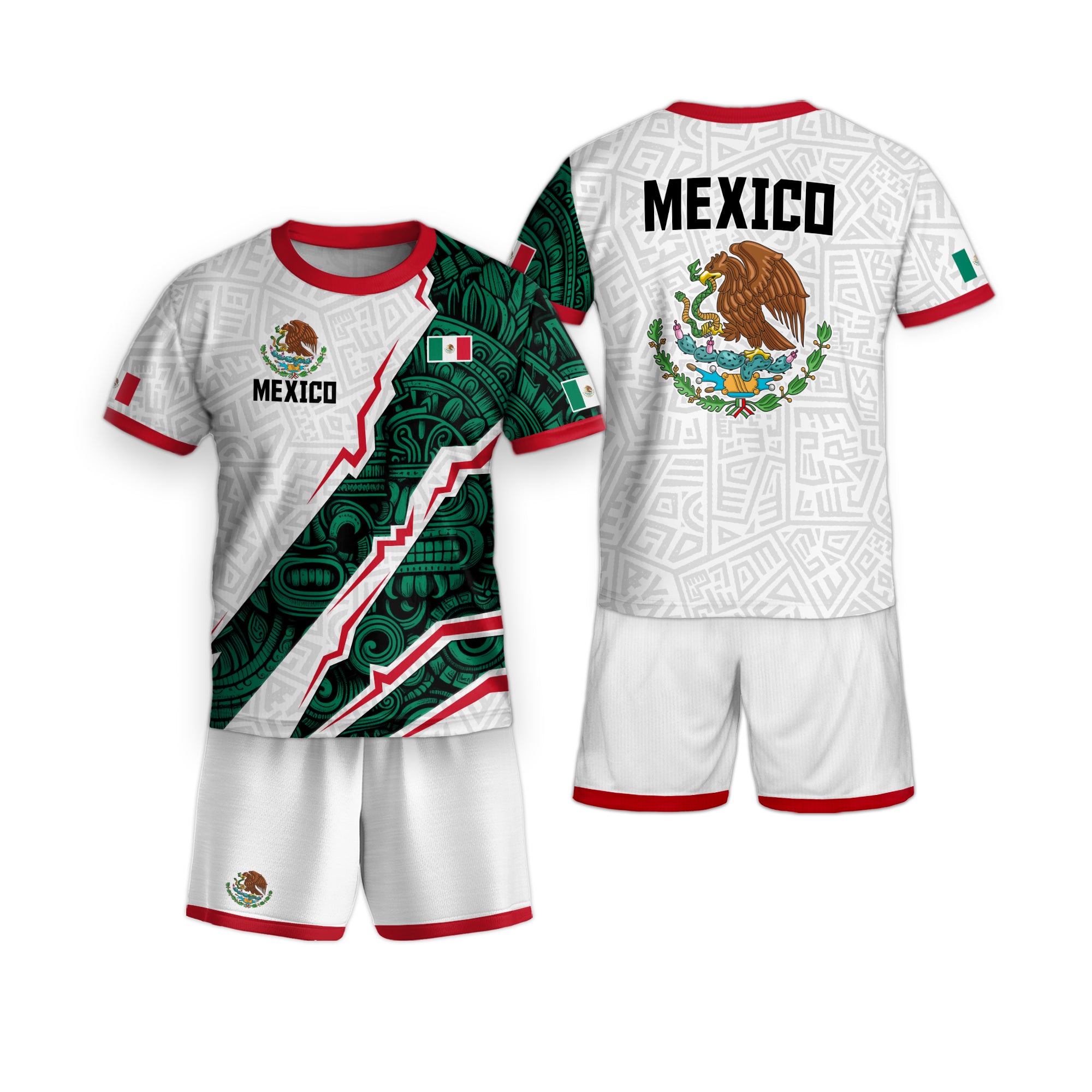 Mexico Kids White Green Aztec Pattern Flag Design Soccer Jersey