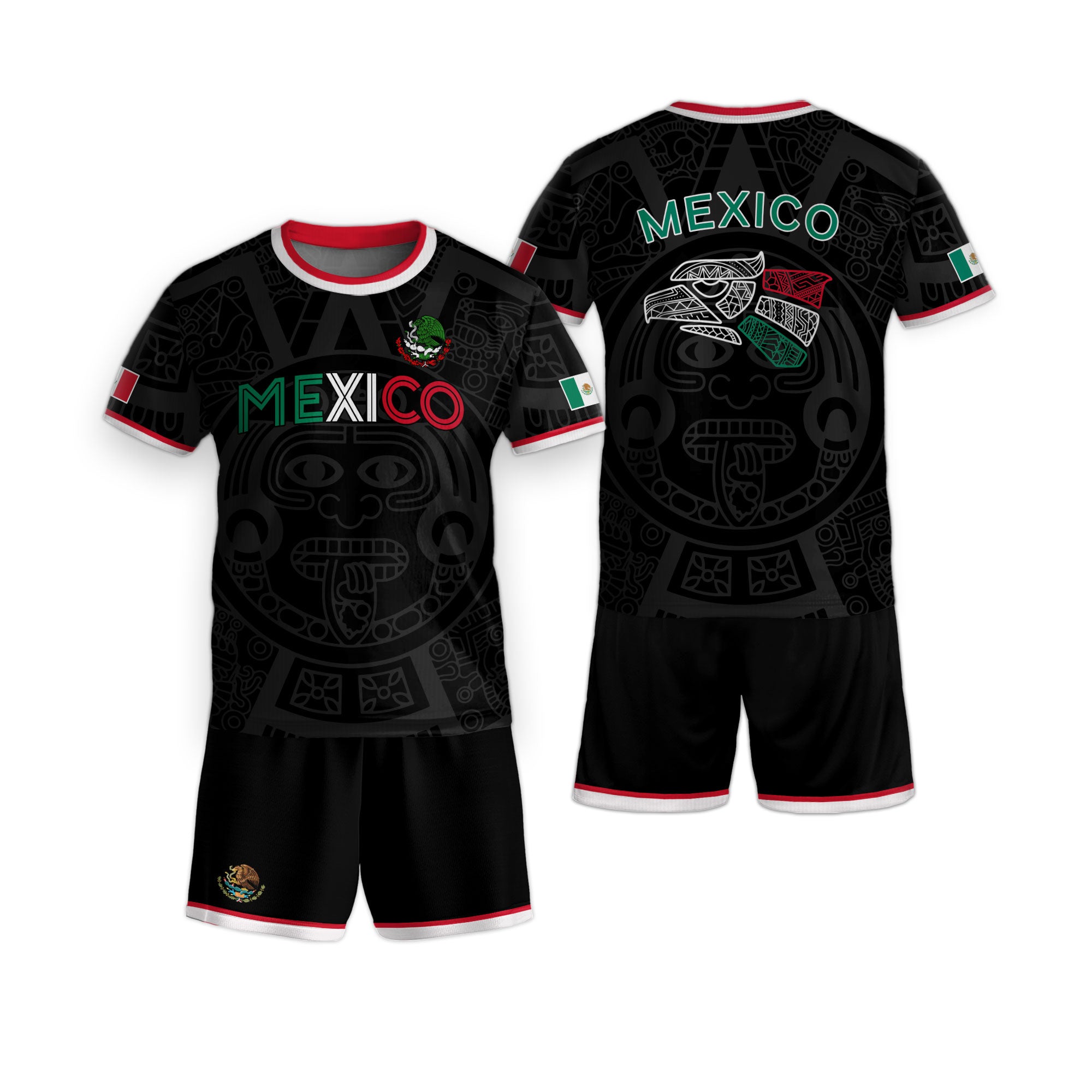 Mexico Kids Soccer Jersey Black Aztec Flag Colors Design