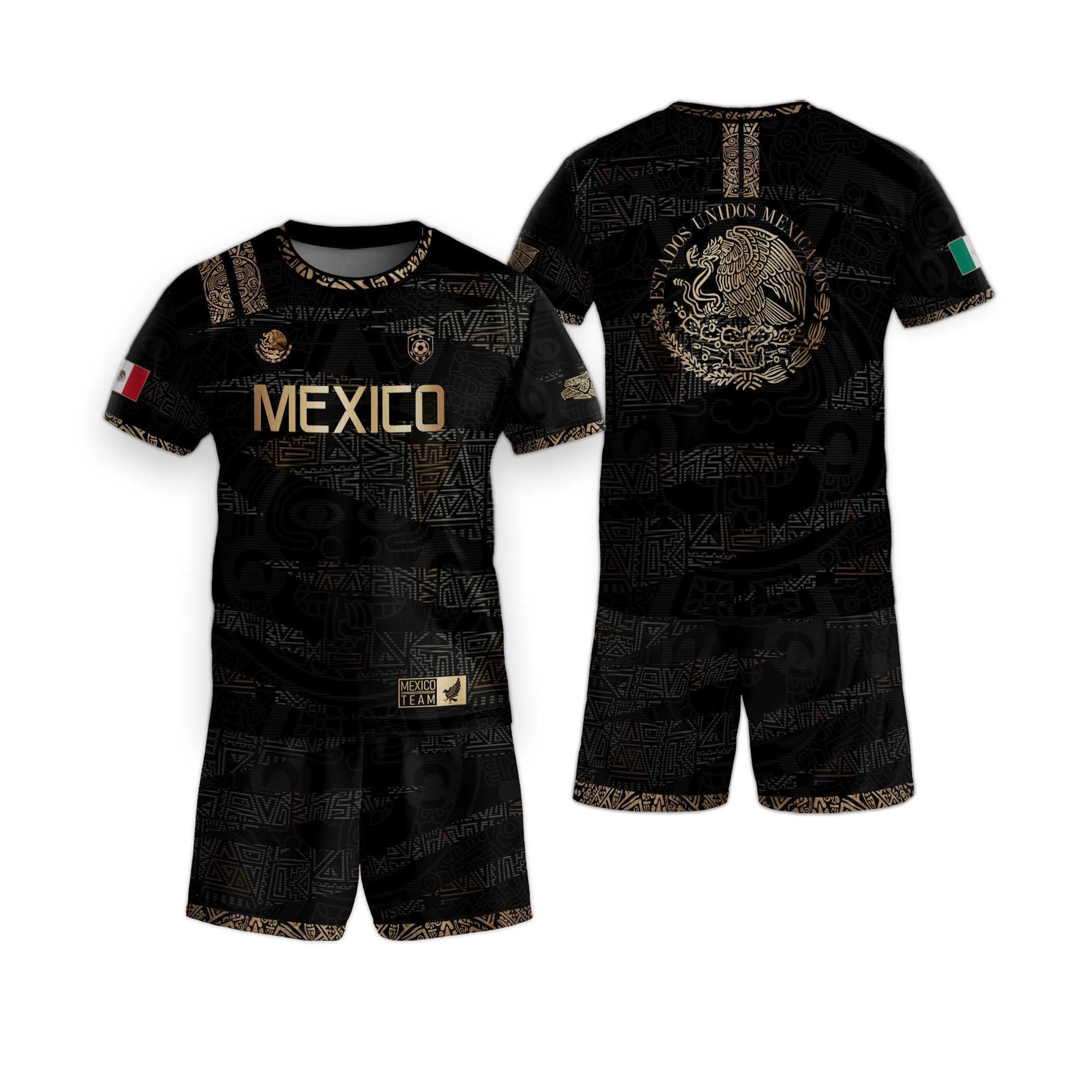 Mexico Kids Soccer Jersey Black Gold Aztec Pattern Crest Design