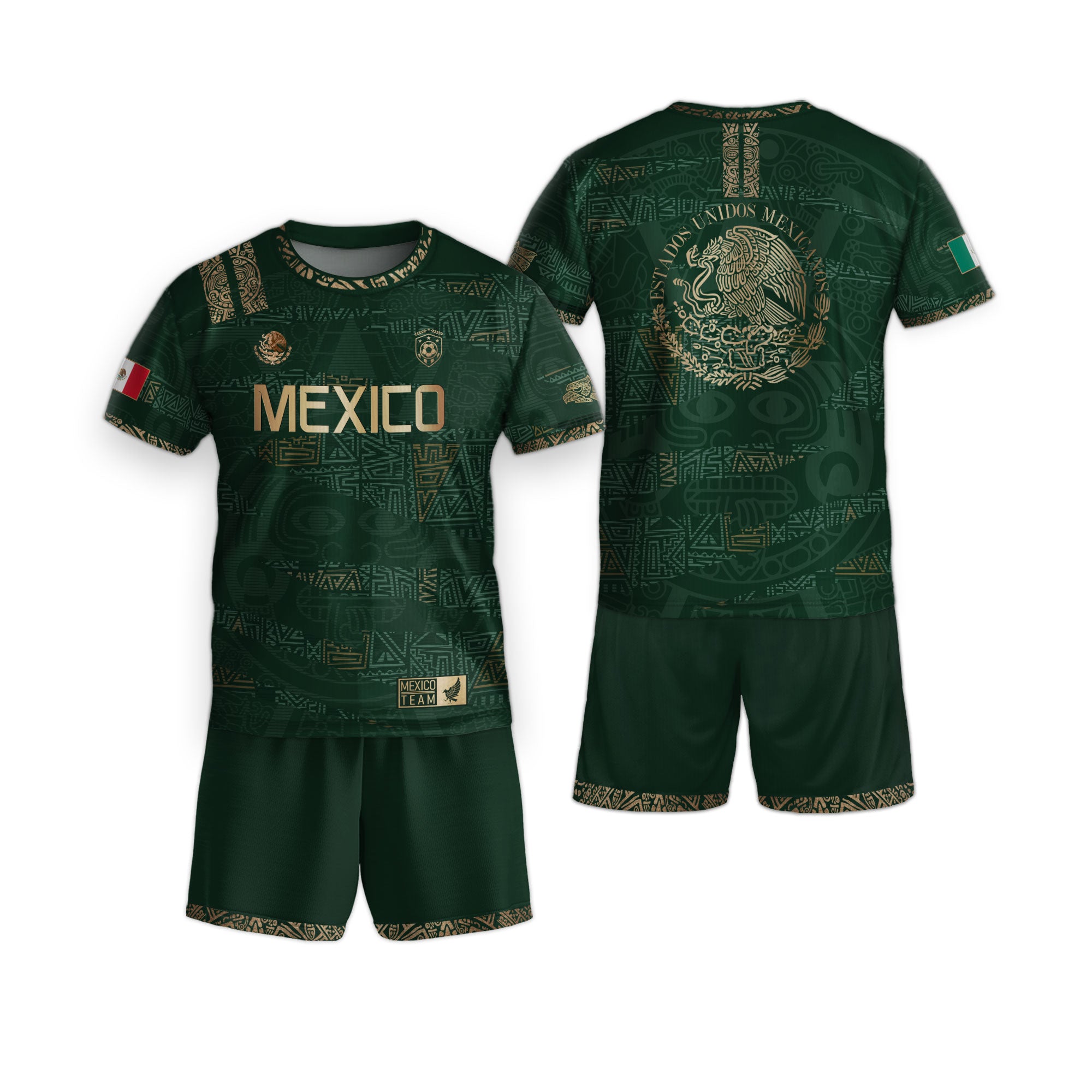 Mexico Kids Soccer Jersey Green Gold Aztec Pattern Crest Design Soccer Jersey