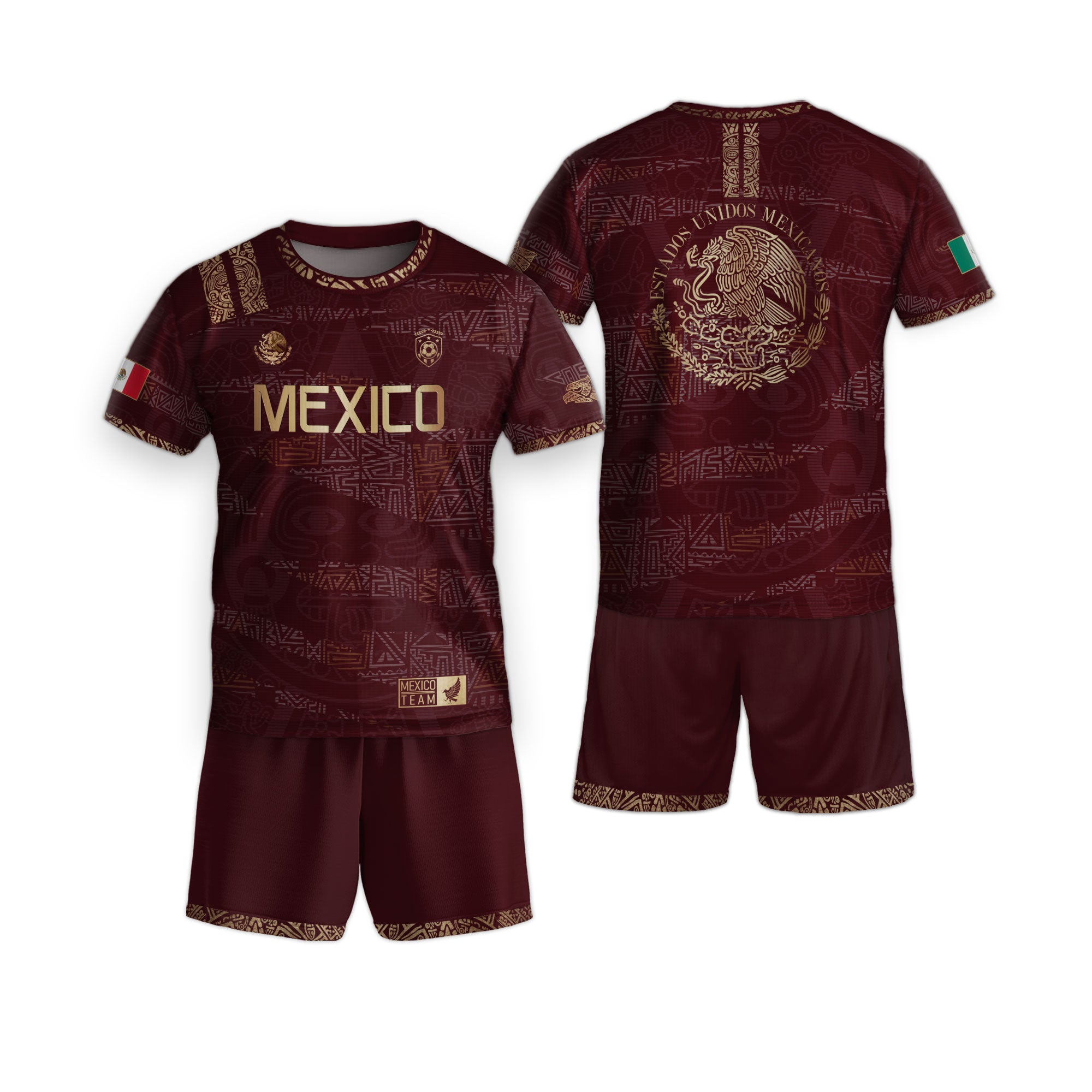 Mexico Kids Soccer Jersey Burgundy Gold Aztec Pattern Crest Design