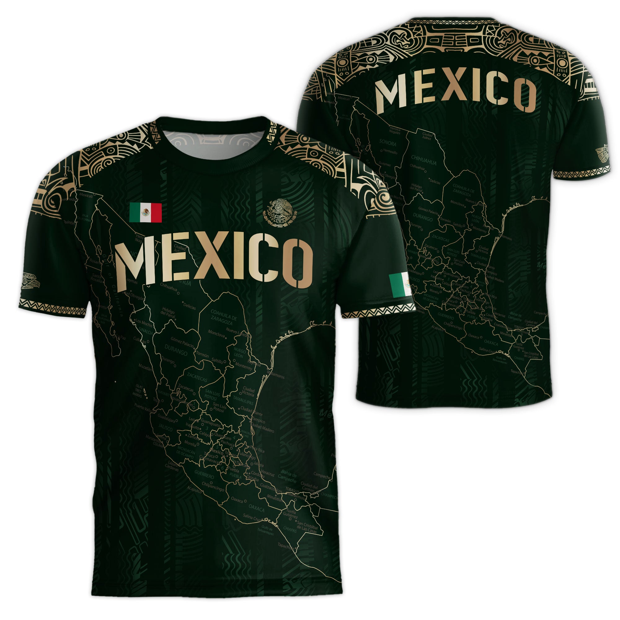Mexico Heritage Map Green Soccer Jersey with Golden Aztec Details
