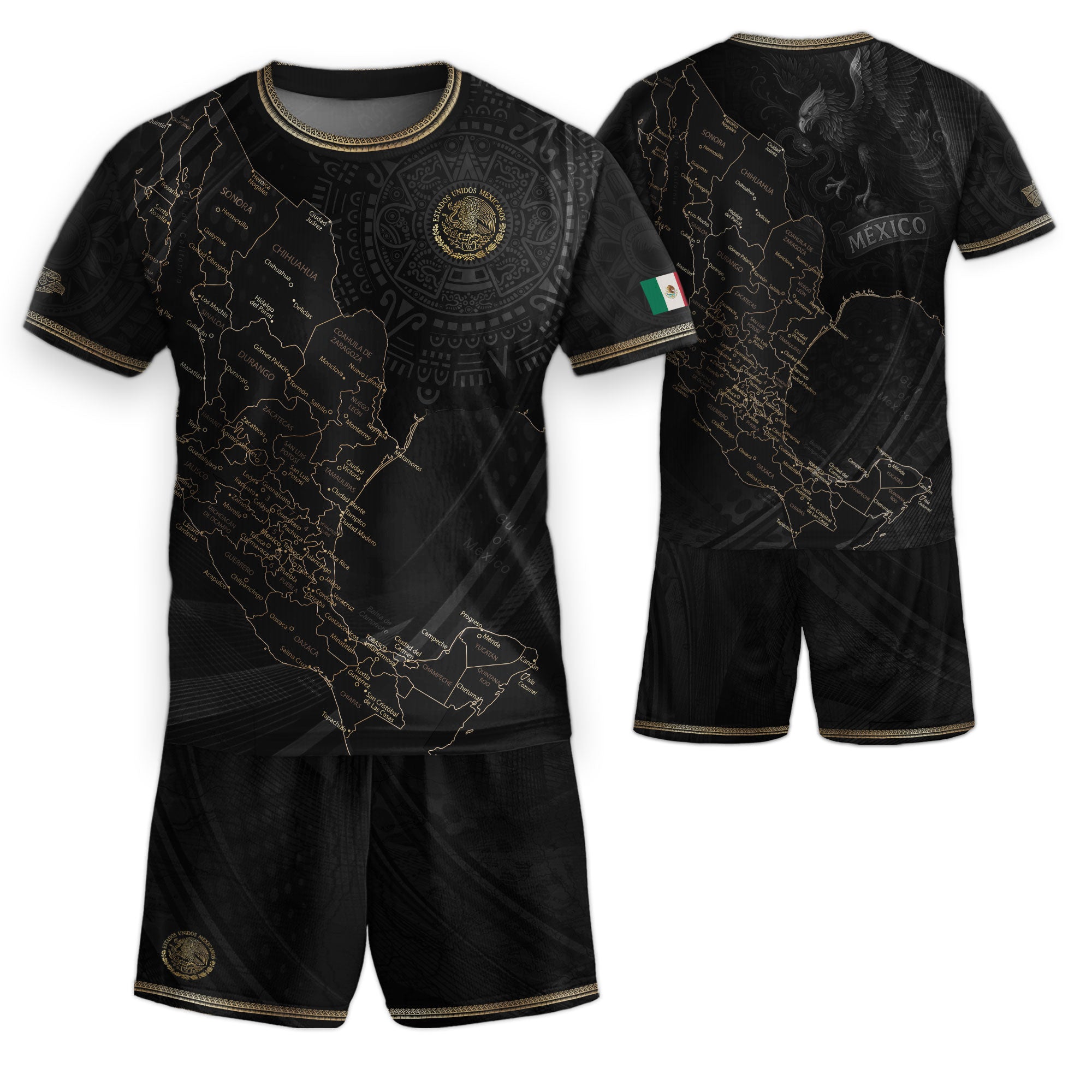 Mexico Kids Black Gold Map Aztec Pattern Soccer Jersey