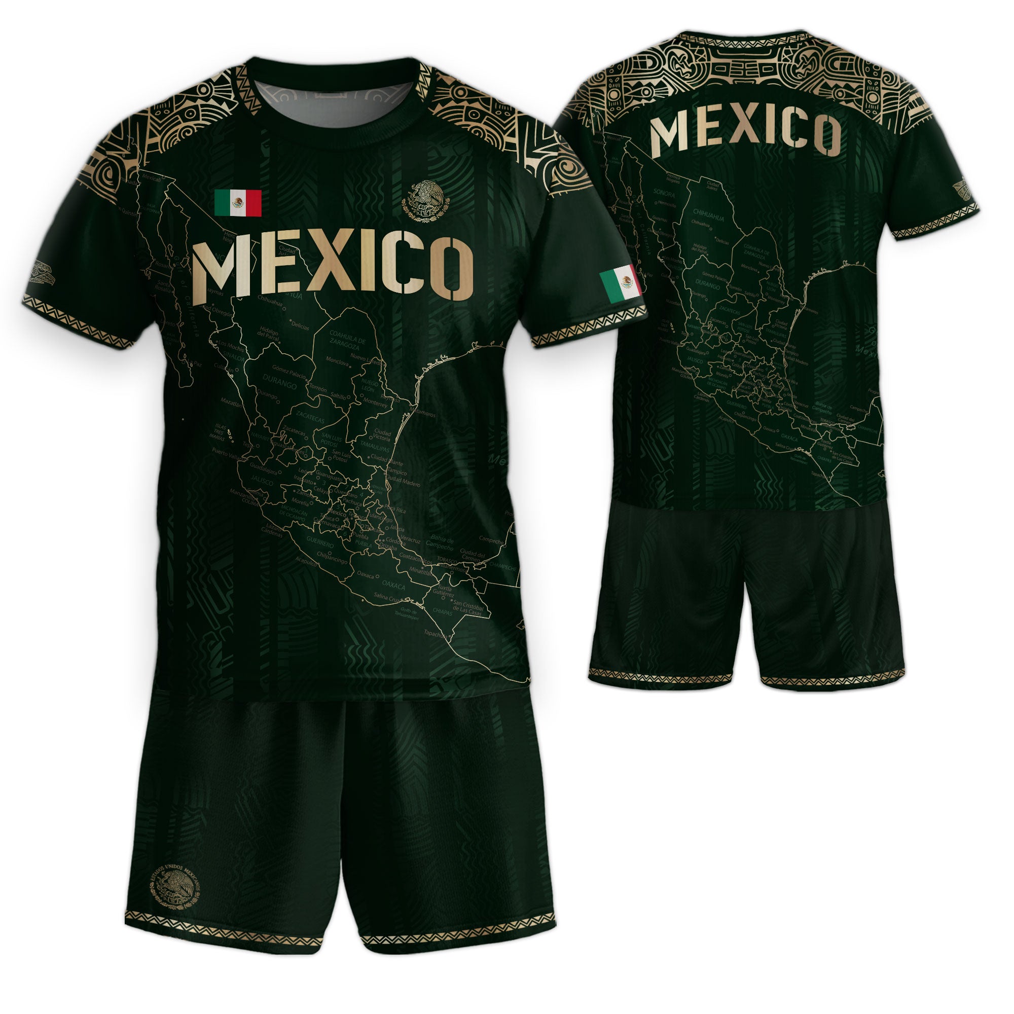 Soccer Jersey for Kids Mexico Green Gold Map Aztec Design
