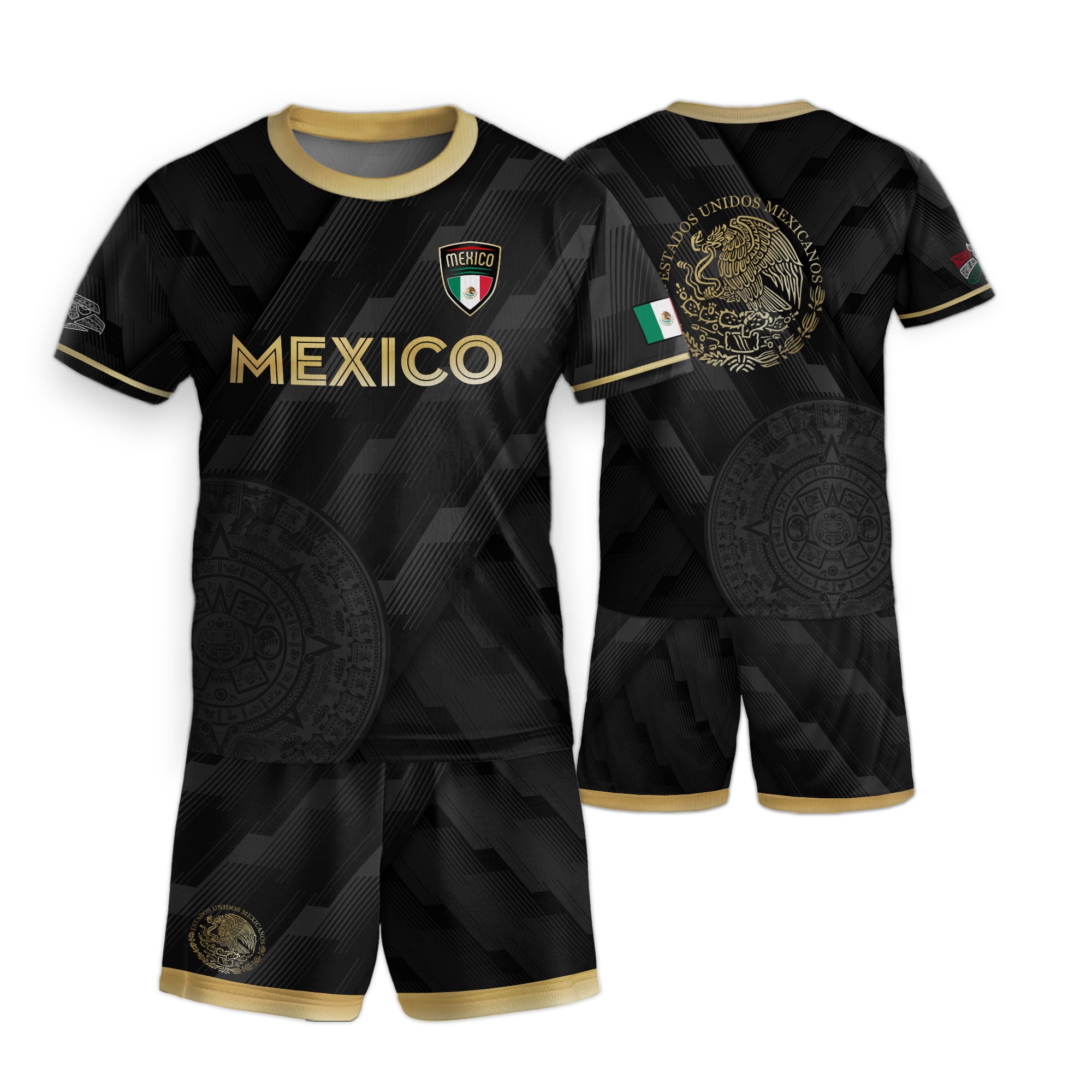 Mexico Kids Black Gold Aztec Calendar Crest Soccer Jersey