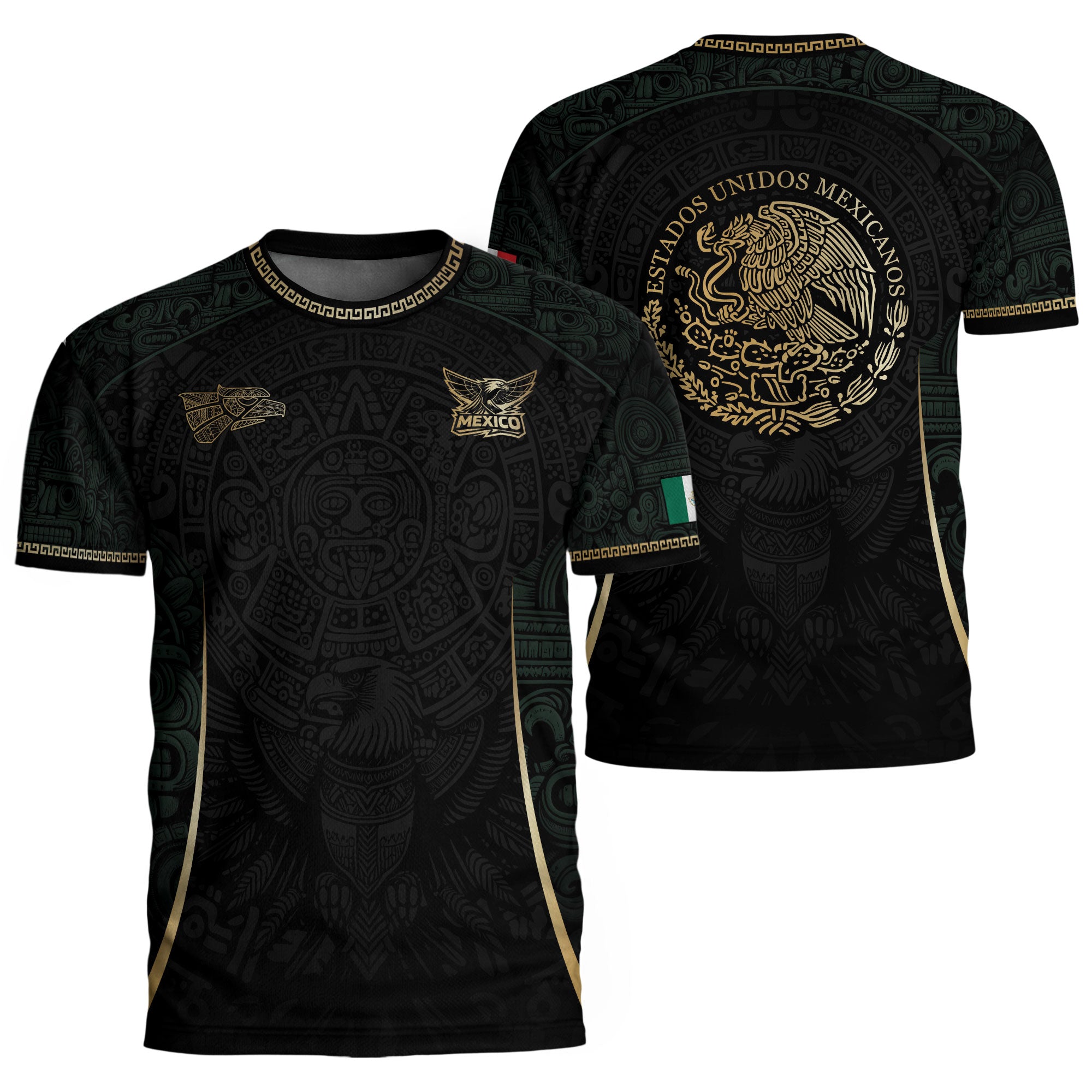 Camiseta de fútbol premium con emblema de águila azteca verde y dorado de México