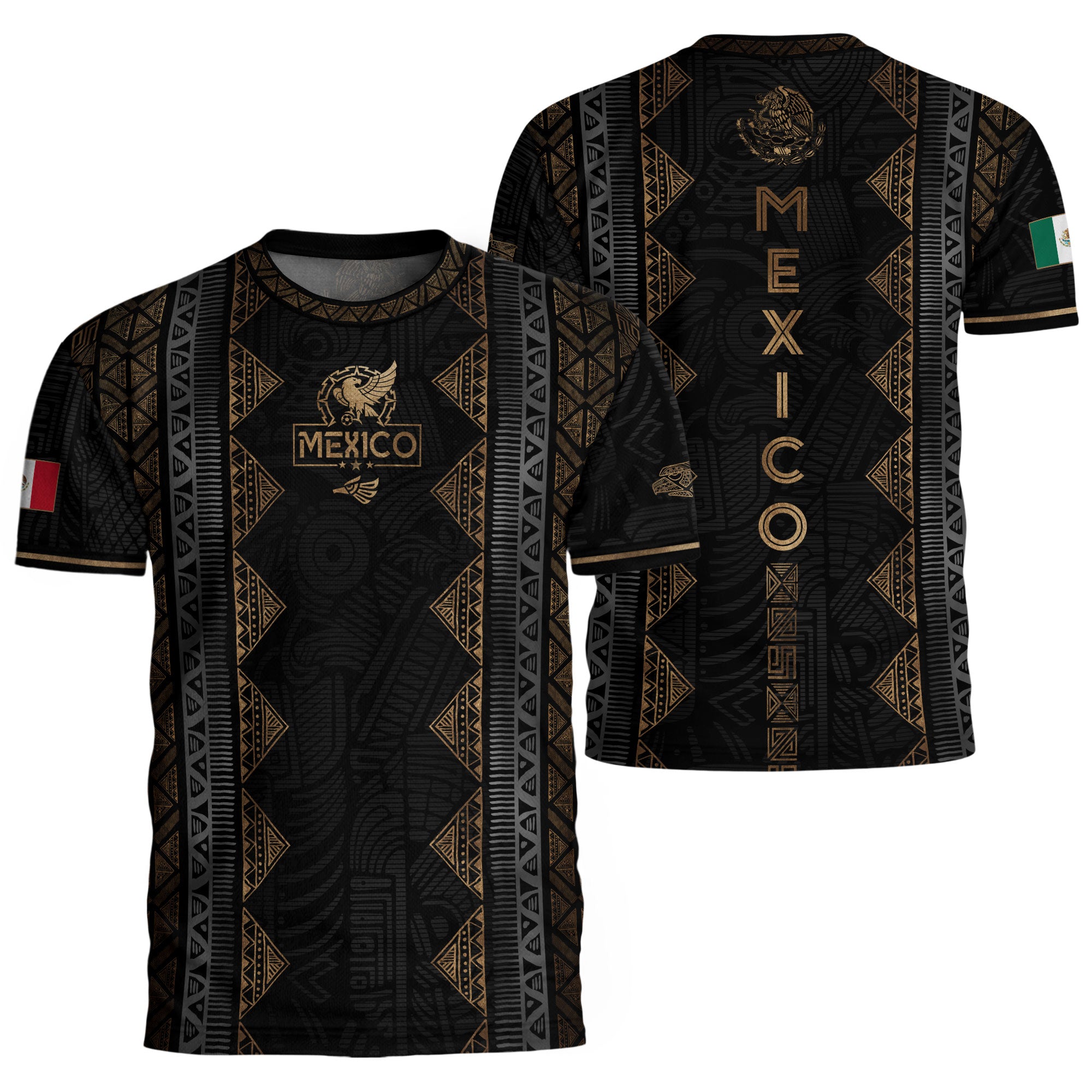 Camiseta de fútbol premium con emblema de águila azteca verde y dorado de México
