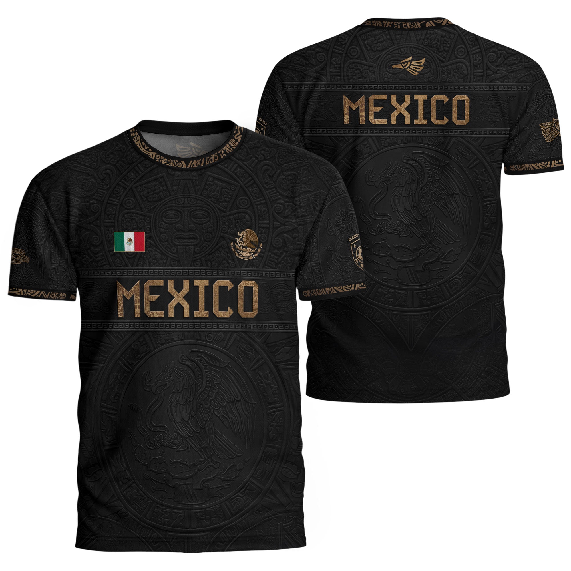 Camiseta de fútbol premium con emblema de águila azteca verde y dorado de México