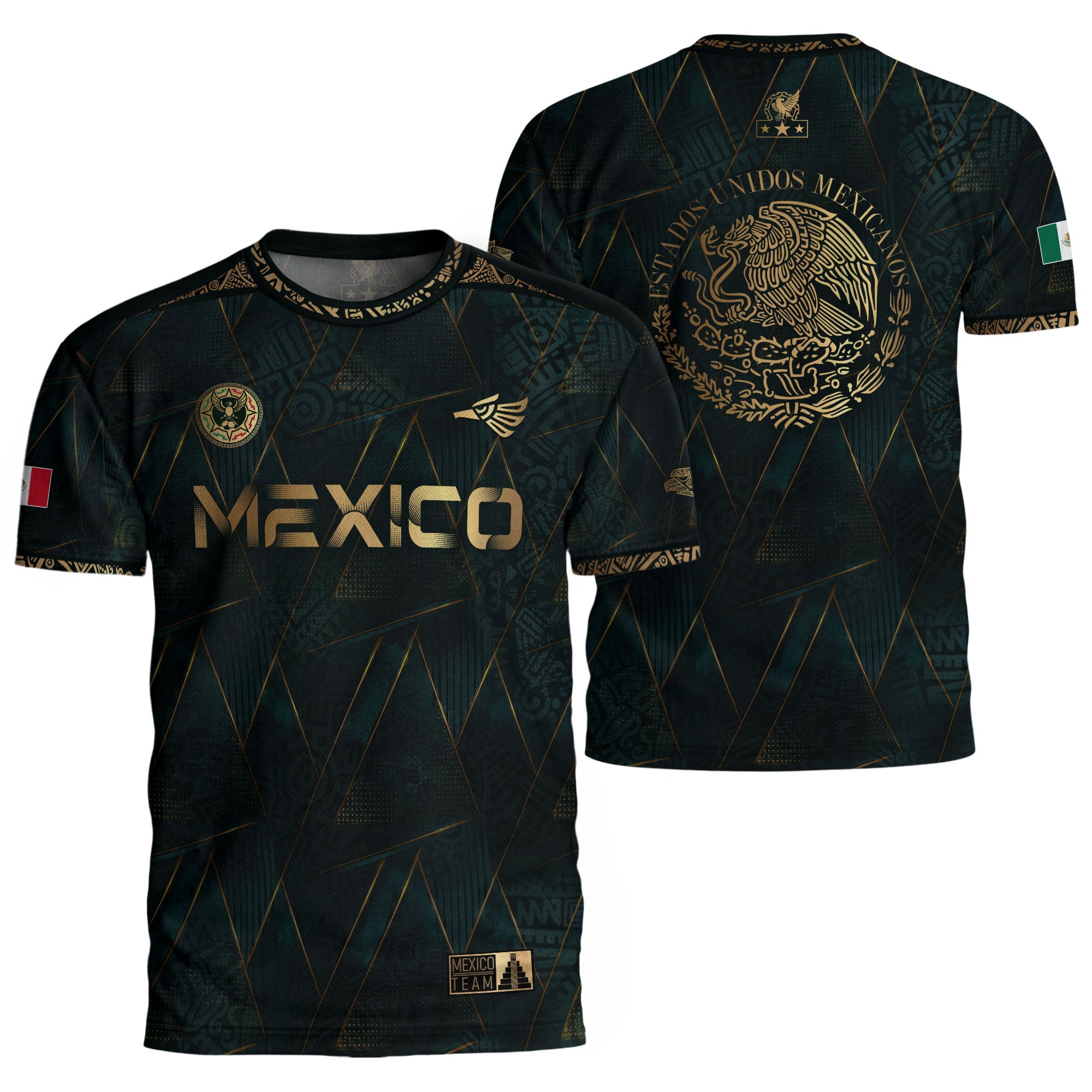 Camiseta de fútbol premium con emblema de águila azteca verde y dorado de México