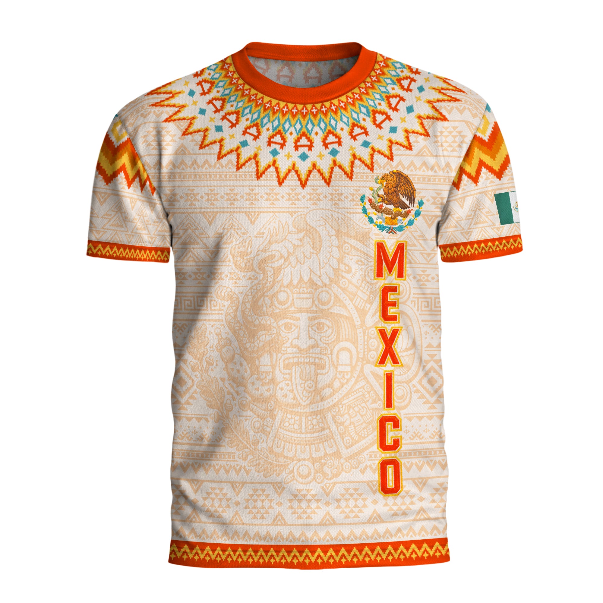 Mexico Cream Orange Heritage Soccer Jersey, Aztec Pattern Mexican Roots Design Jersey For Men