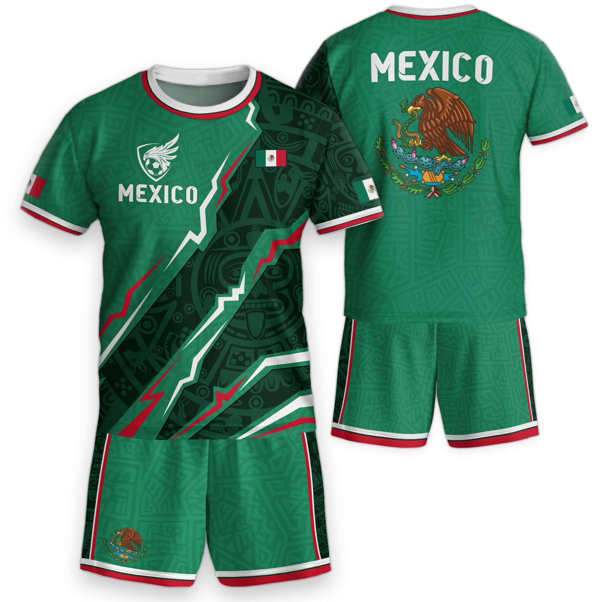 Camiseta de fútbol infantil de México con diseño de escudo con patrón azteca verde