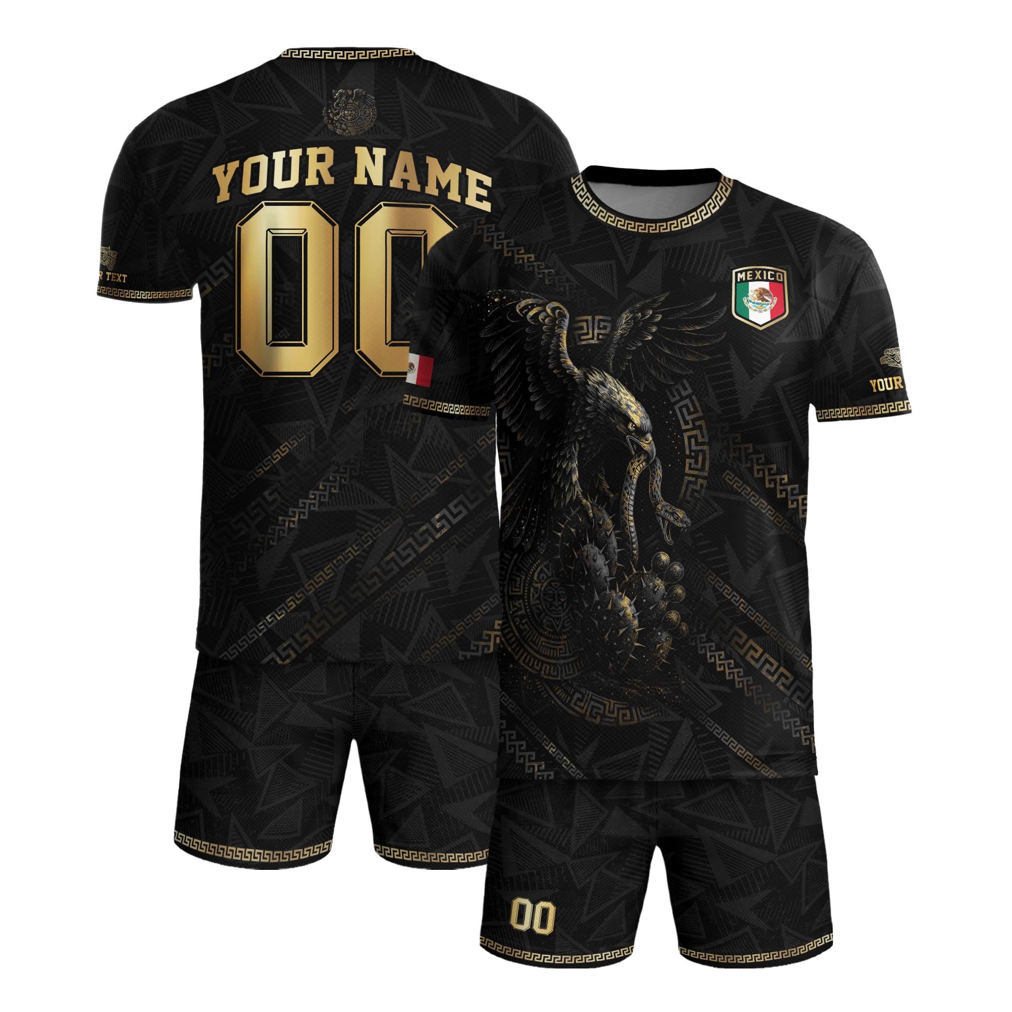 Custom Mexico Black Gold Eagle and Serpent Aztec Heritage Soccer Jersey