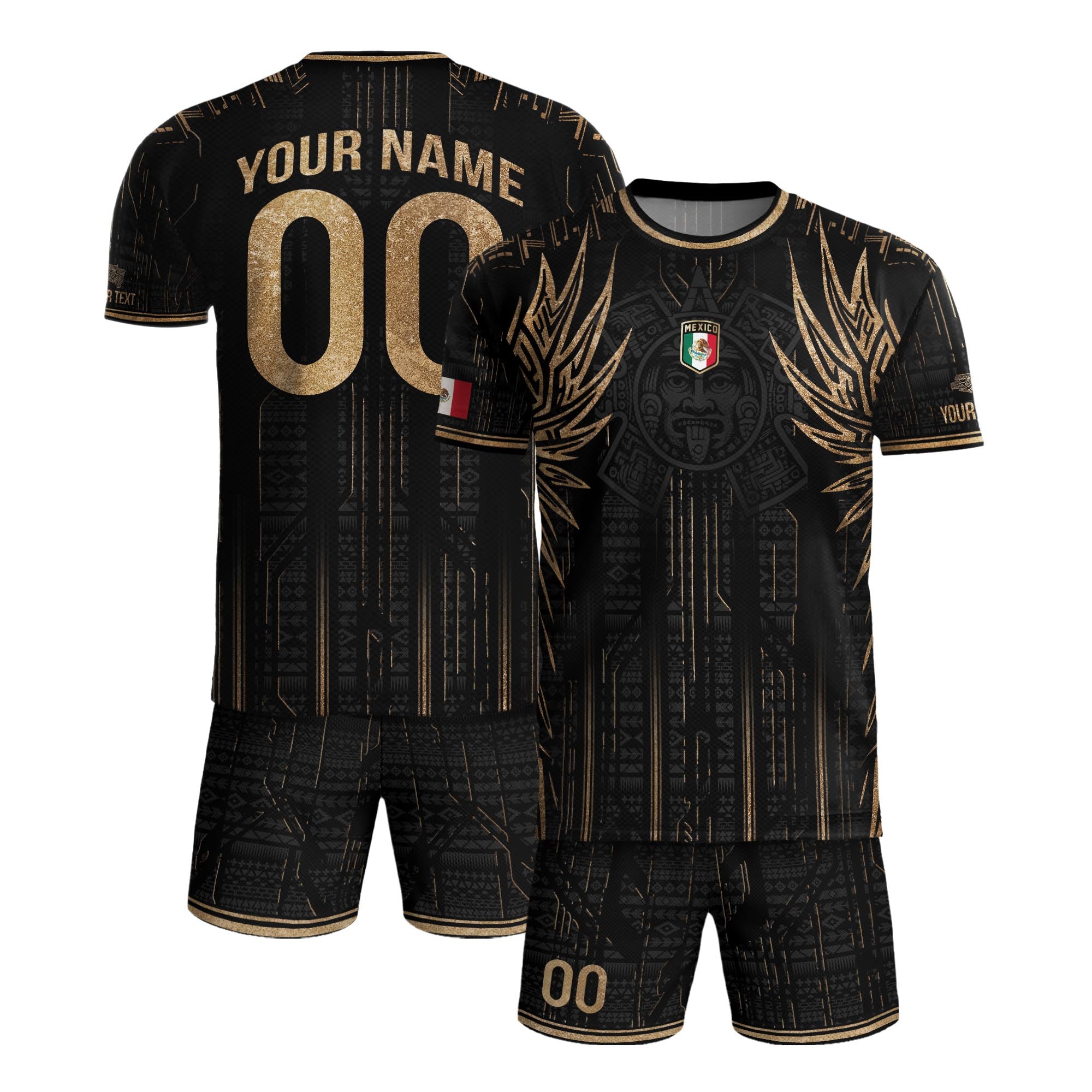 Custom Mexico Black Gold Aztec Warrior Wings Heritage Soccer Jersey
