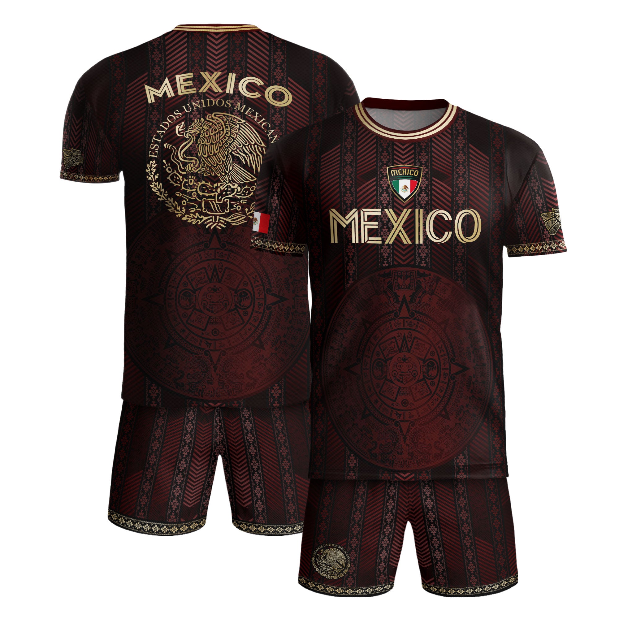 Mexico Burgundy Soccer Jersey with Golden Aztec Calendar and Eagle Crest