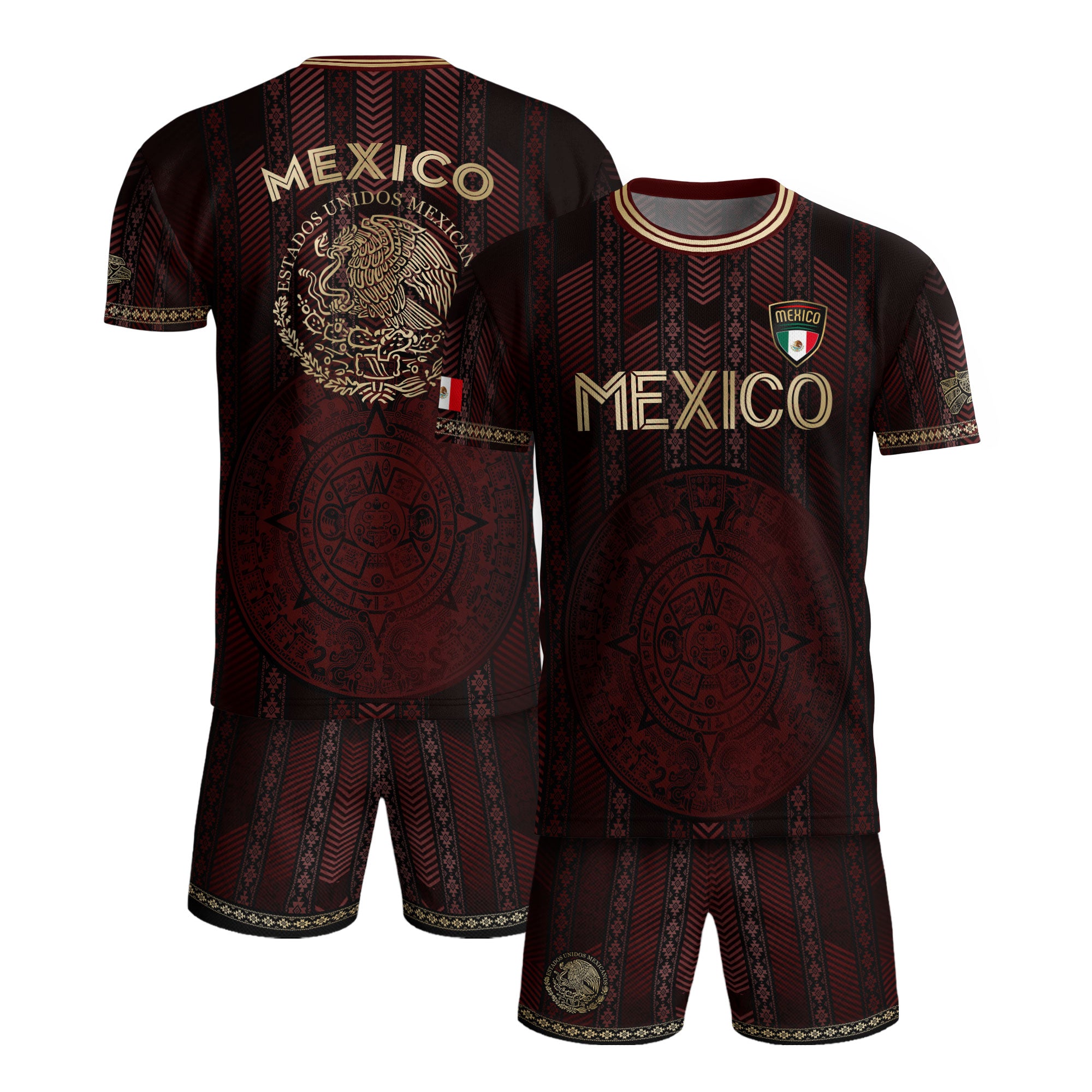 Mexico Burgundy Soccer Jersey with Golden Aztec Calendar and Eagle Crest