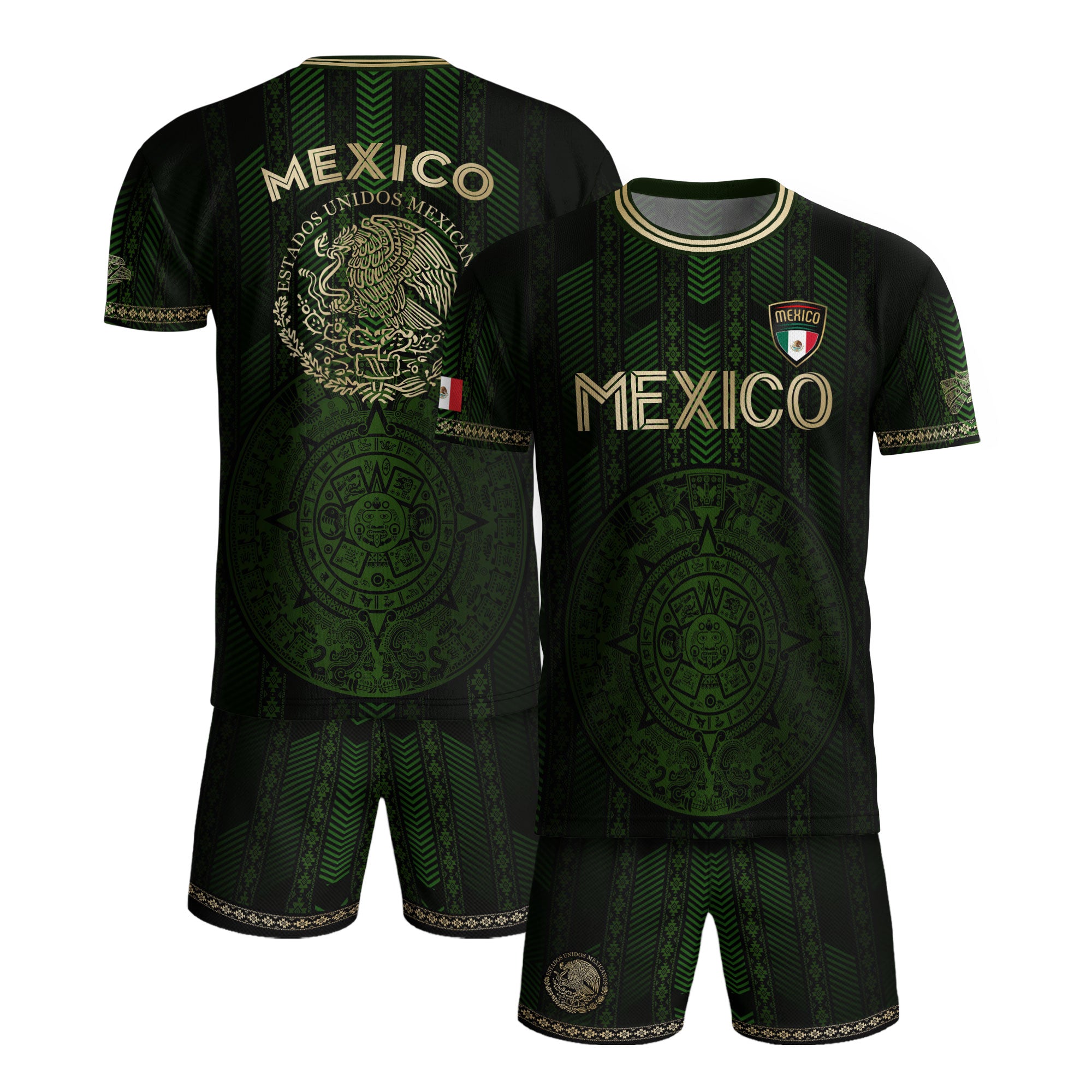 Mexico Green Soccer Jersey with Golden Aztec Calendar and Eagle Crest
