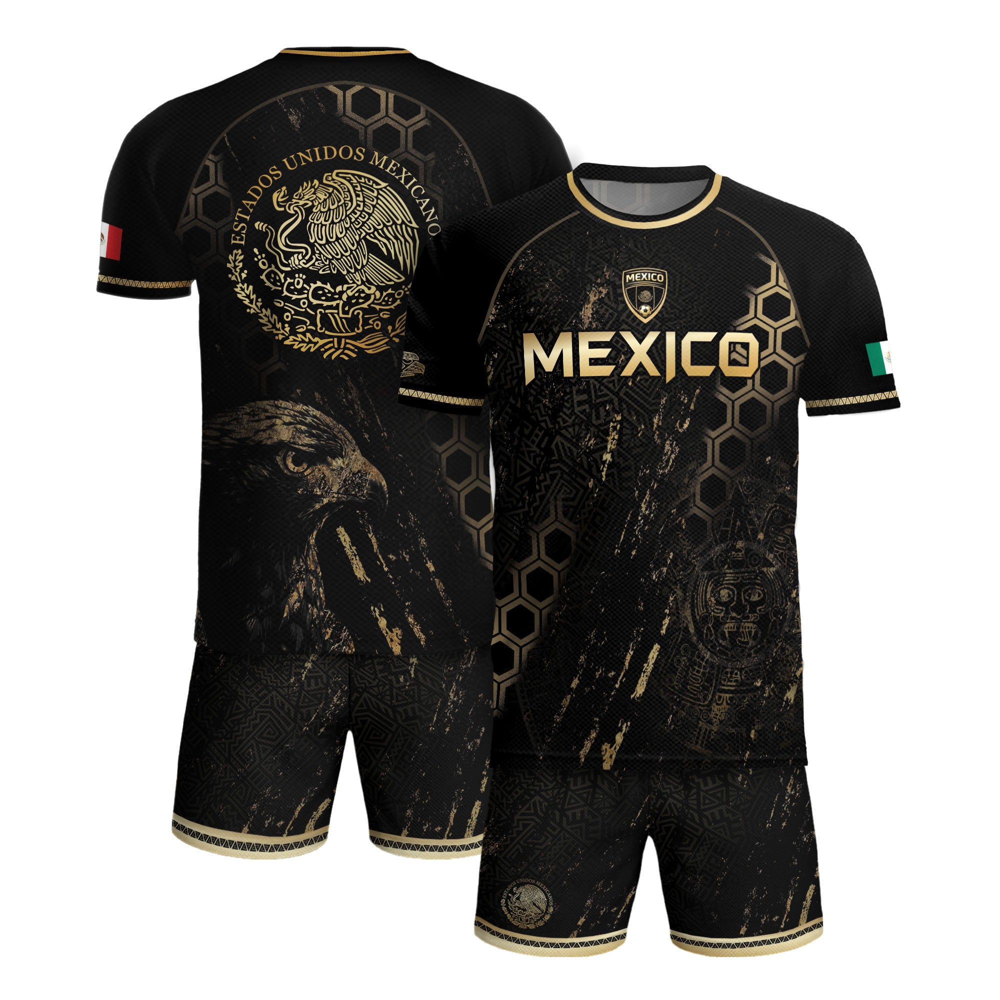 Mexico Heritage Orgullo Mexicano Black Gold Eagle Hexagon Pattern Soccer Jersey