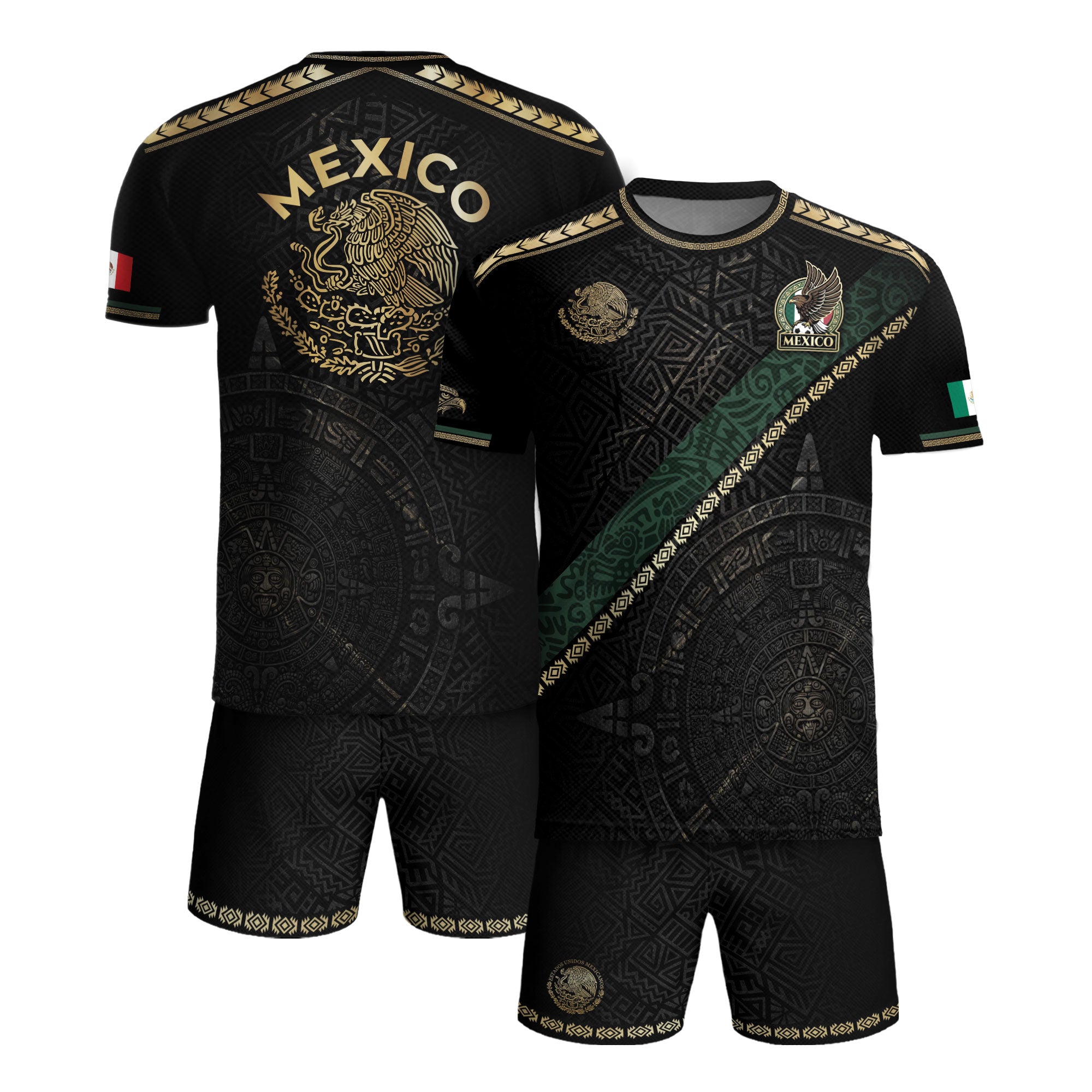 Mexico Heritage Orgullo Mexicano Black Gold Sash Aztec Calendar Gold Shoulder Soccer Jersey