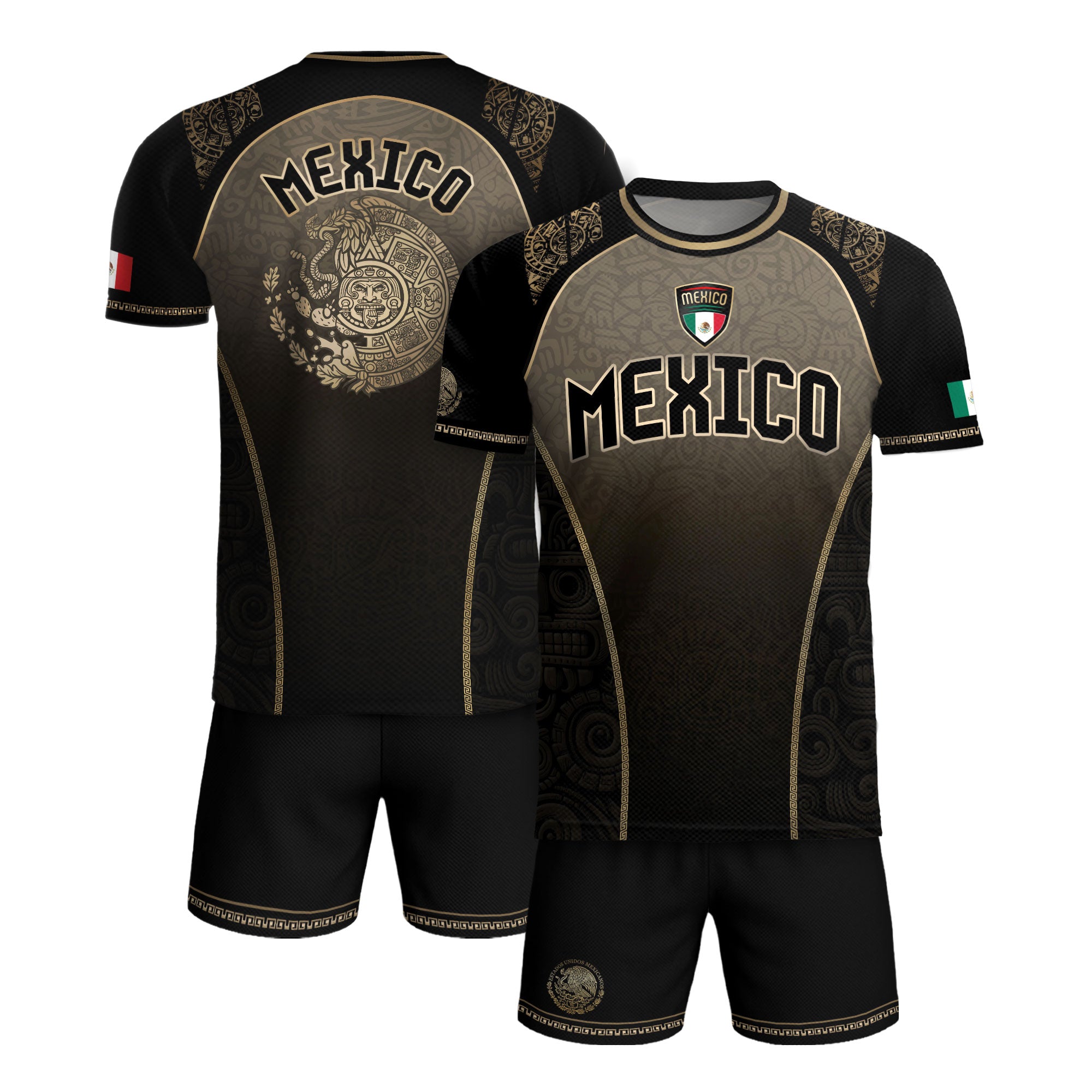 Mexico Heritage Black Tan Arch Design Aztec Empire Pride Graphic Soccer Jersey