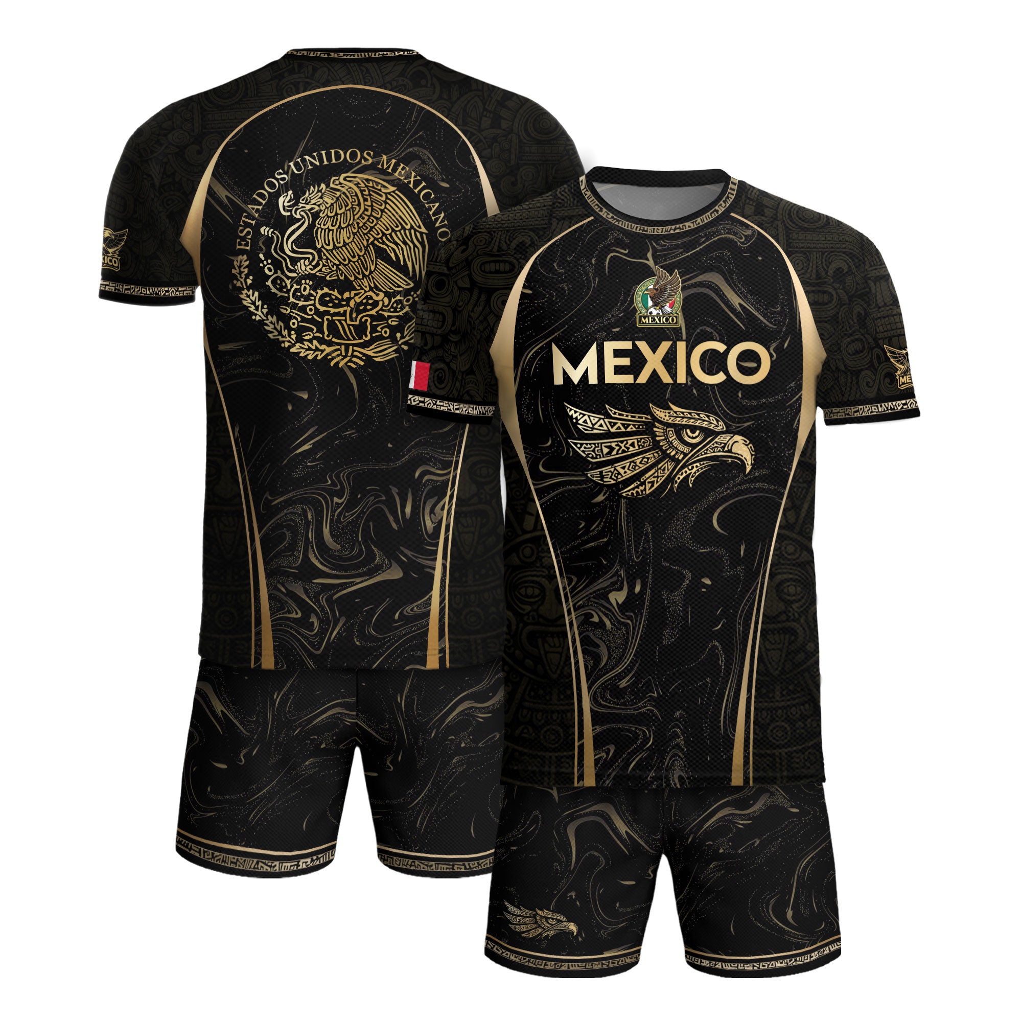 Mexico Coat of Arms Black Gold Aztec Eagle Warrior Heritage Soccer Jersey