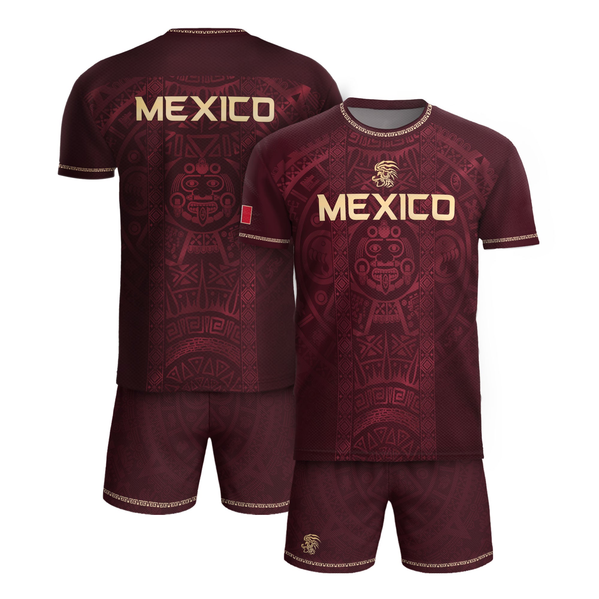 Mexico Heritage Orgullo Mexicano Maroon Burgundy Aztec Calendar Sun Stone Soccer Jersey