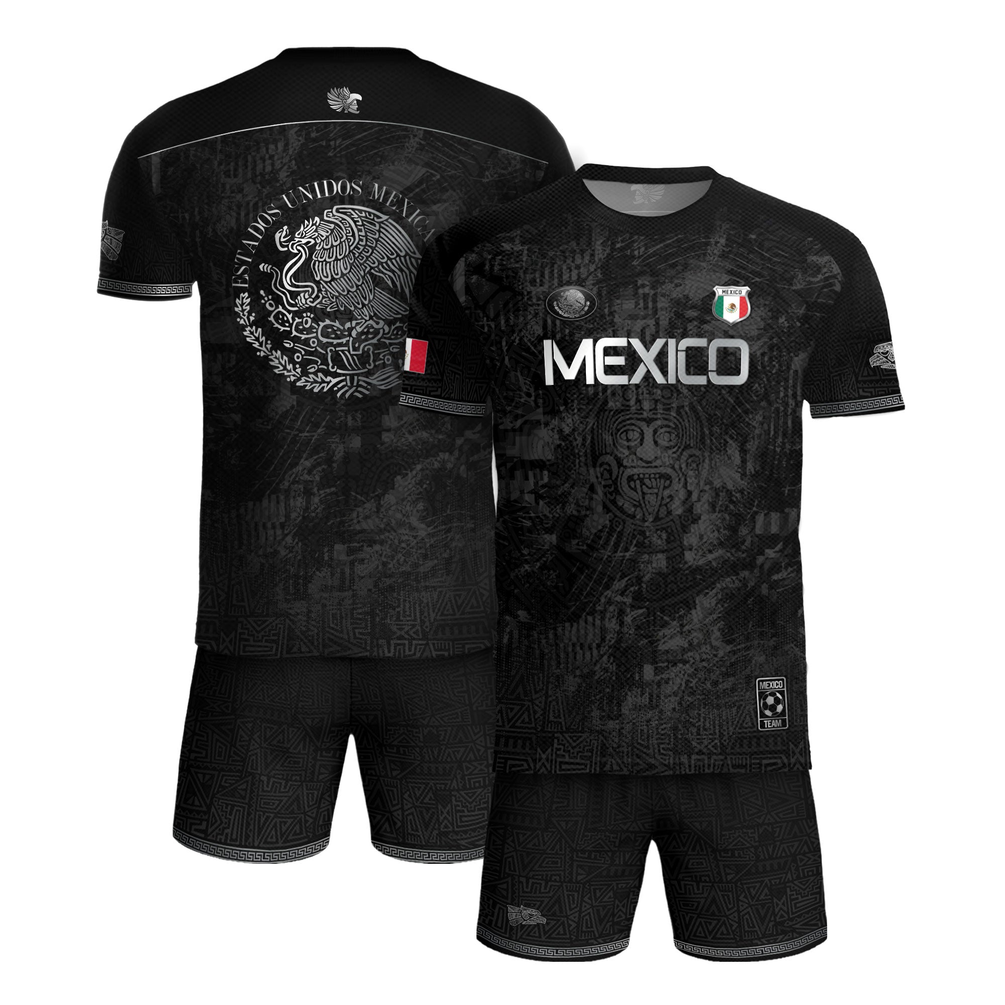 Mexico Heritage Black Silver Distressed Style Aztec Empire Pride Graphic Soccer Jersey