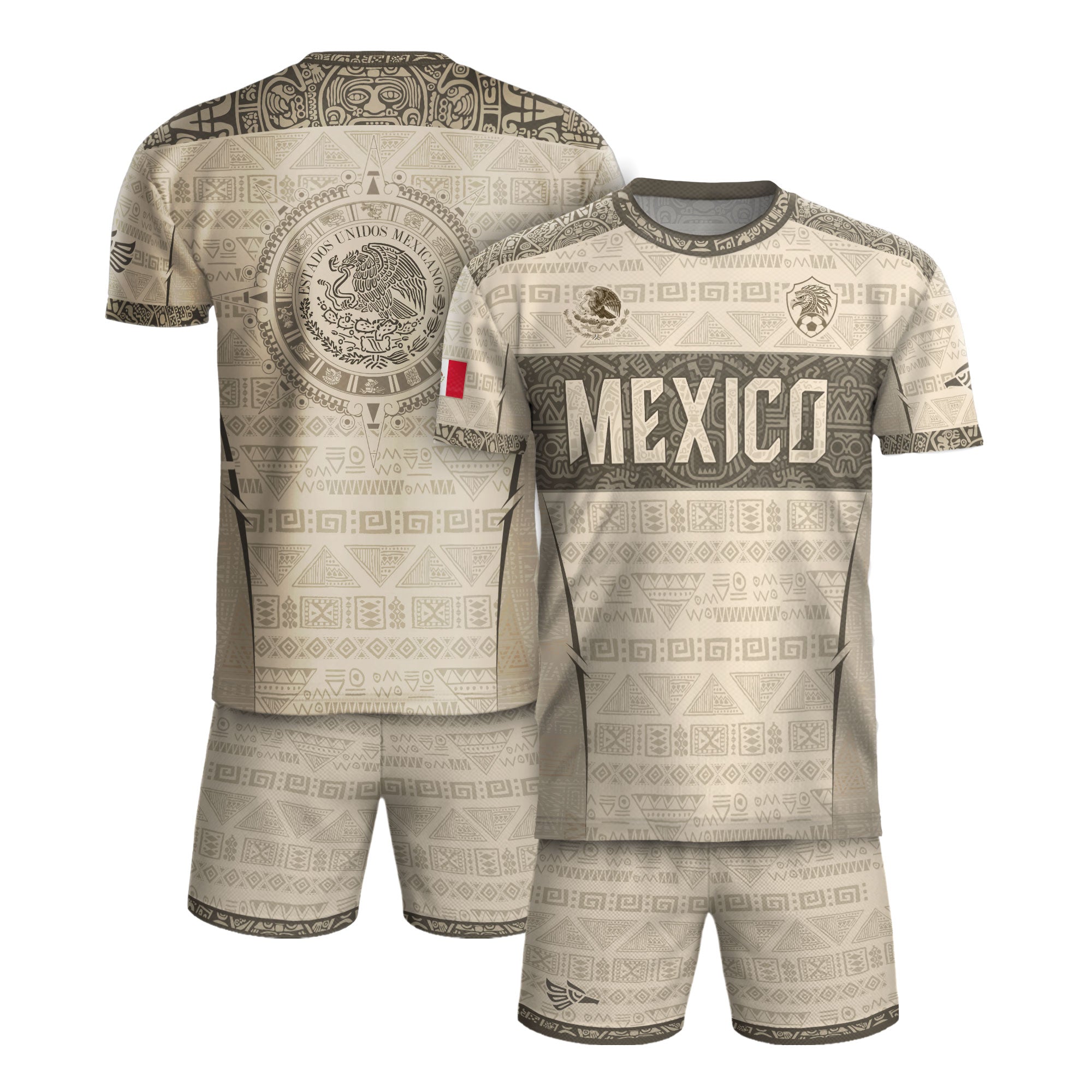 Mexico Coat of Arms Beige Aztec Mayan Tribal Geometric Pattern Heritage Soccer Jersey