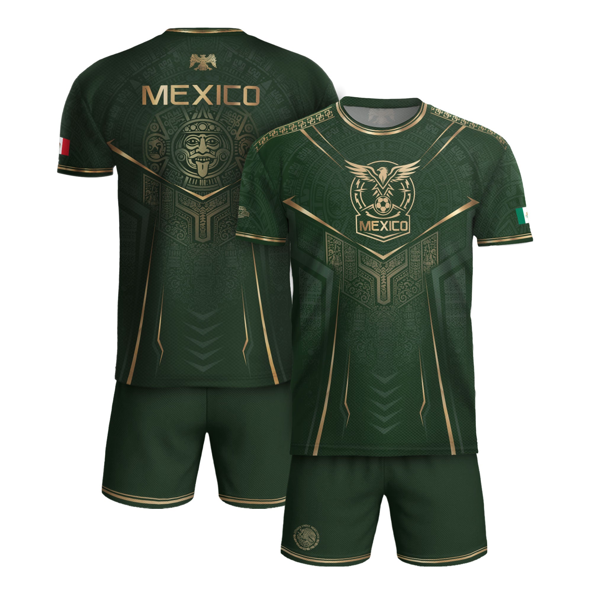 Camiseta de fútbol premium con emblema de águila azteca verde y dorado de México