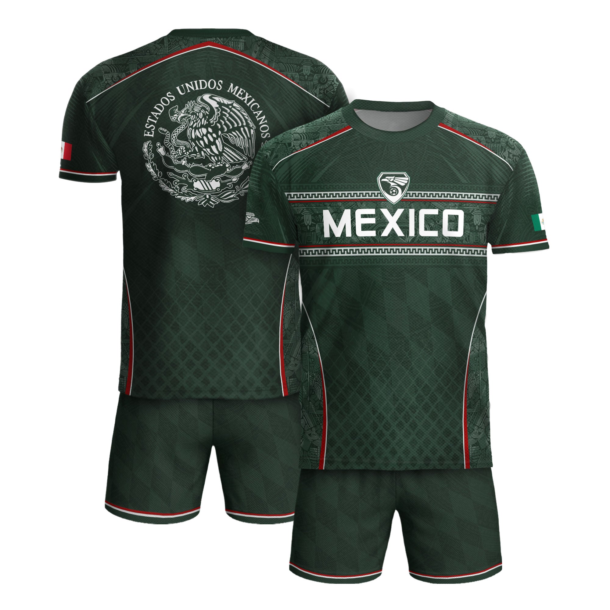 Camiseta de fútbol premium con emblema de águila azteca verde y dorado de México