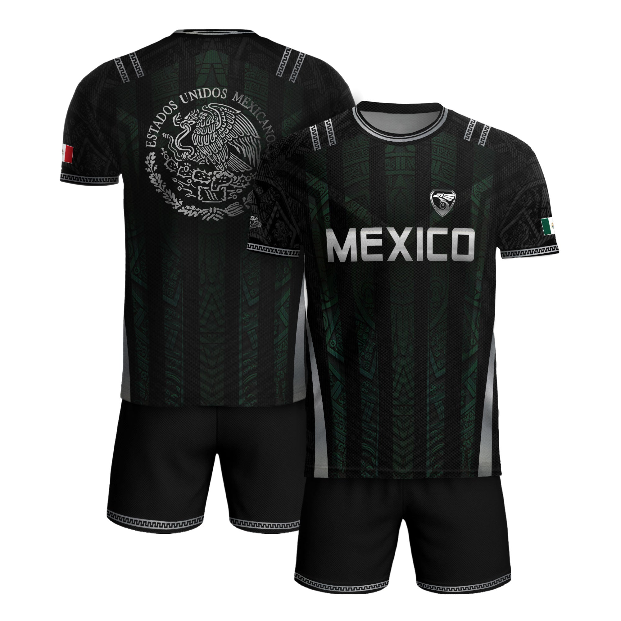 Camiseta de fútbol premium con emblema de águila azteca verde y dorado de México