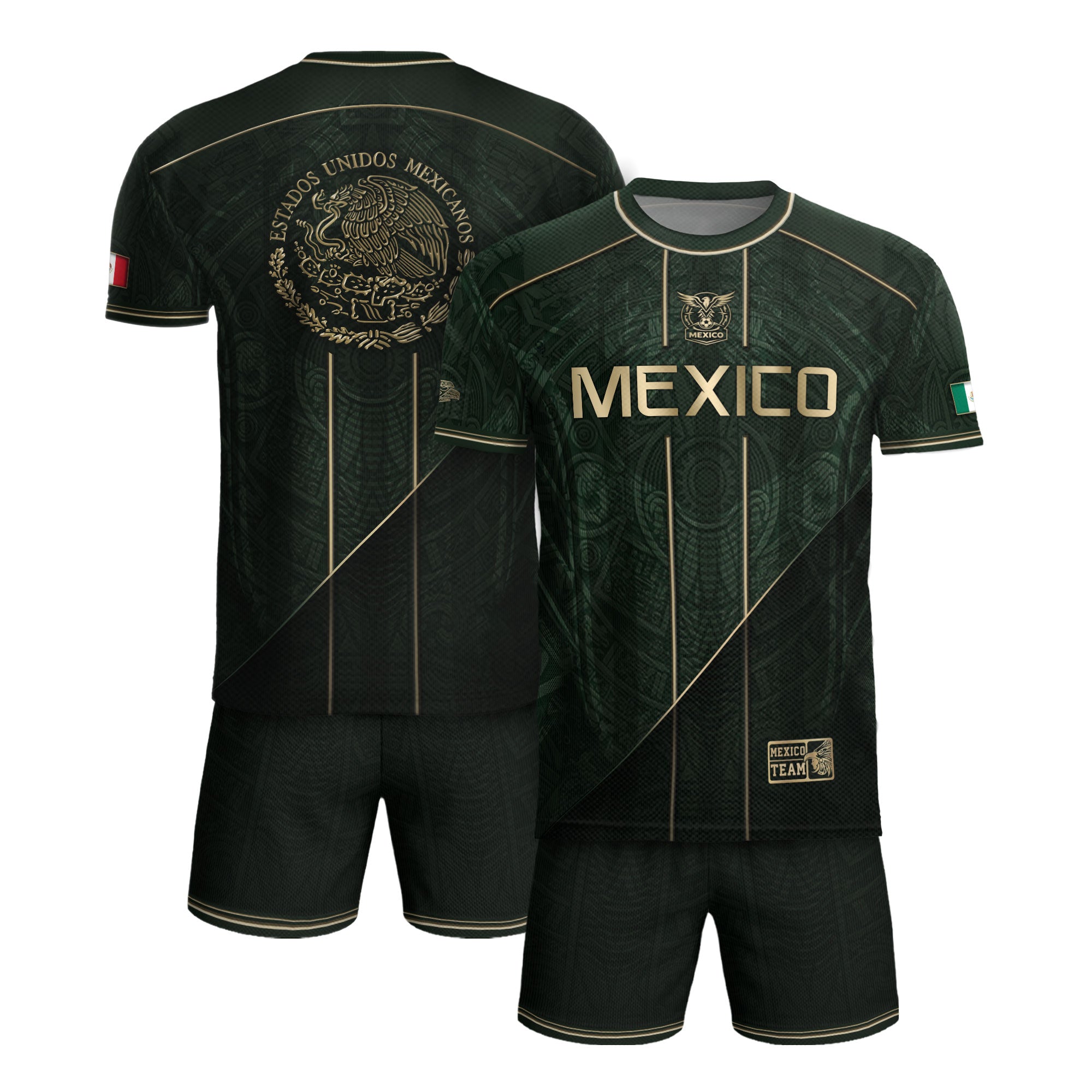 Camiseta de fútbol premium con emblema de águila azteca verde y dorado de México