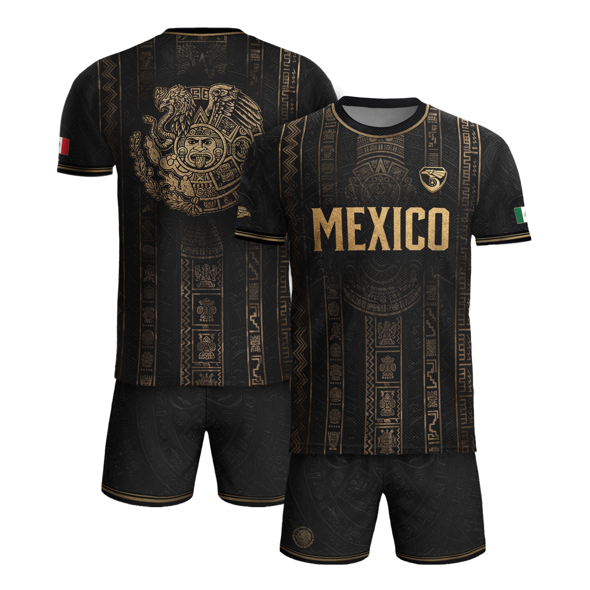 Camiseta de fútbol premium con emblema de águila azteca verde y dorado de México