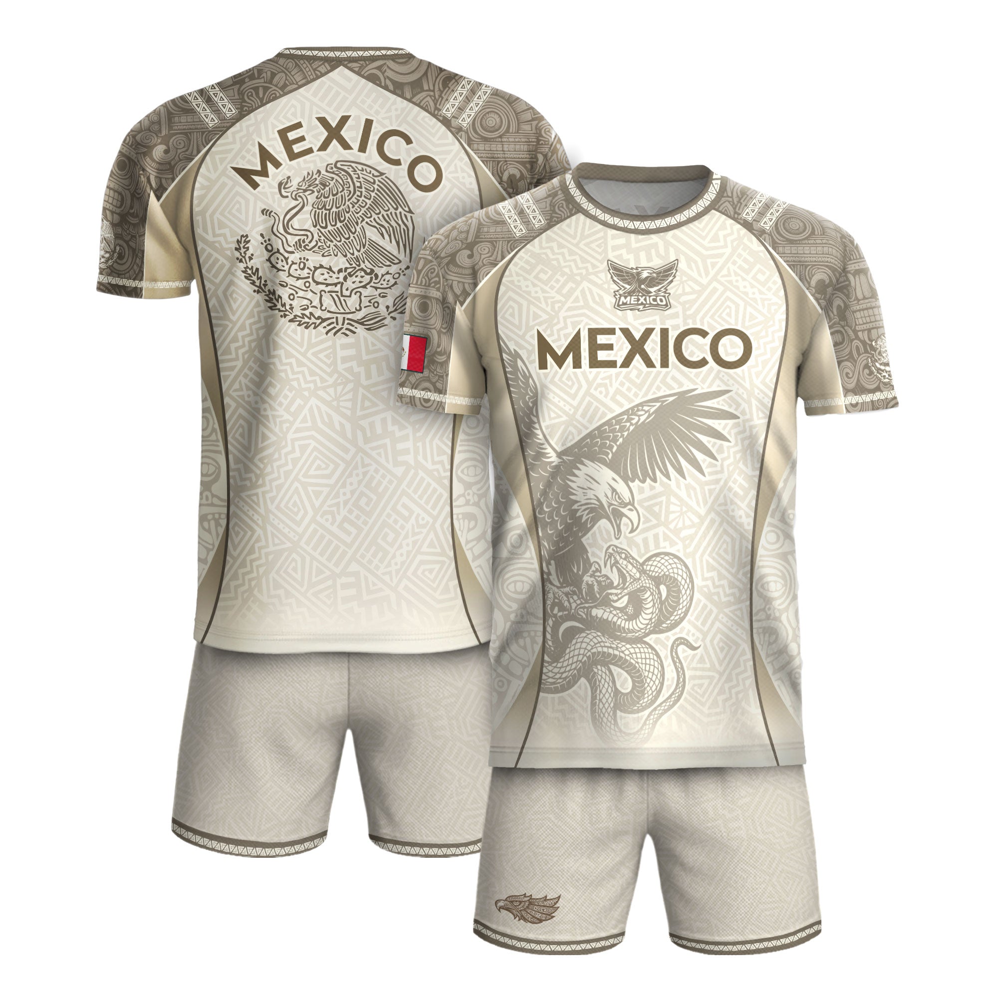 Mexico Beige Aztec Eagle Snake Heritage Soccer Jersey Mexican Pride Design