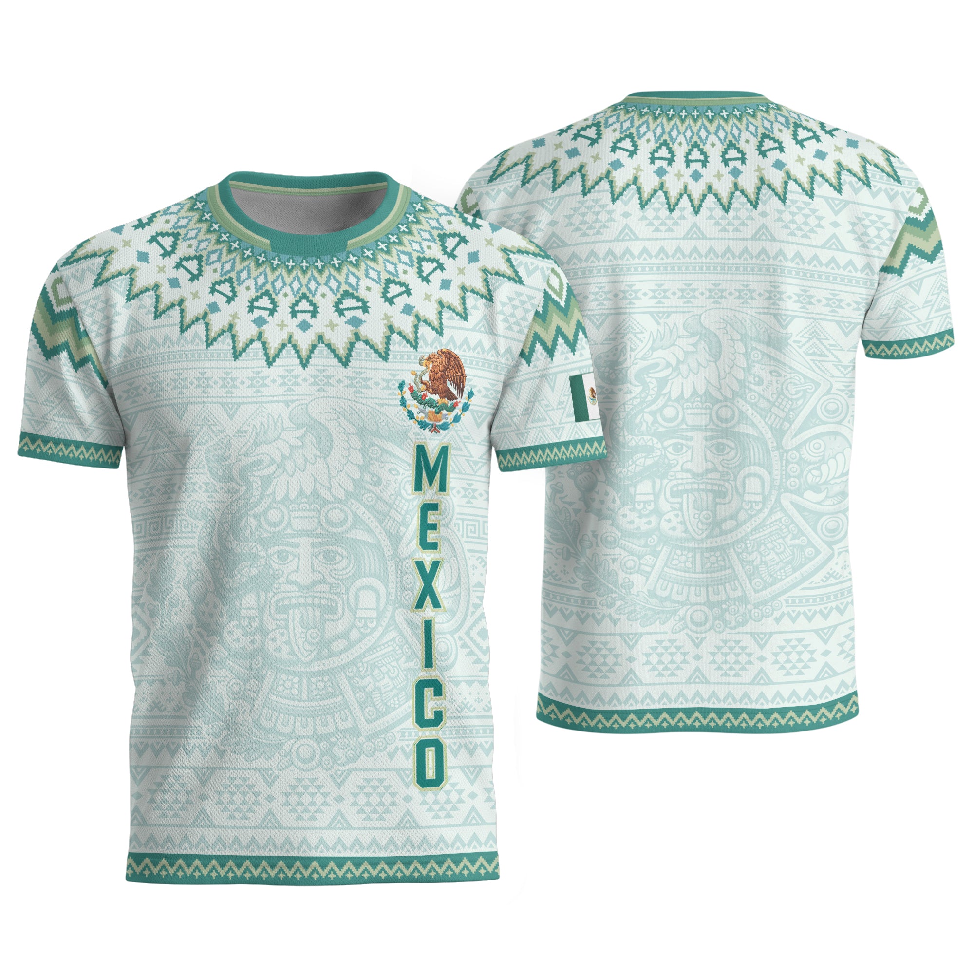 Mexico Soccer Jersey Men Aztec Calendar White Teal Adult Football Shirt Sportswear Tee