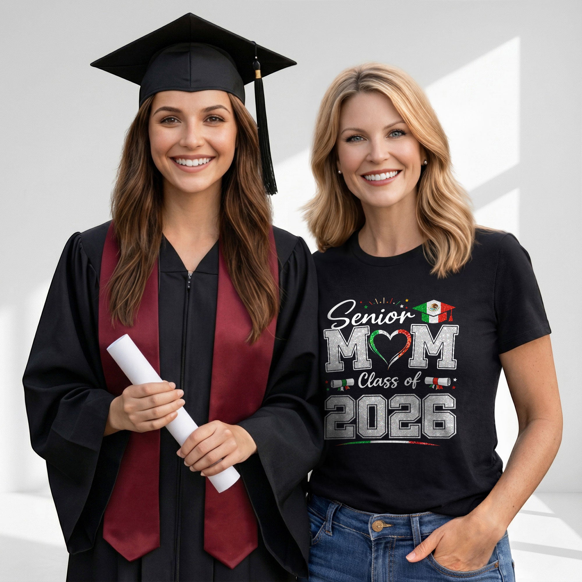 Senior Family 2026 Mexico Flag Shirt - Proud Mexican Graduate Silver Glitter Tee