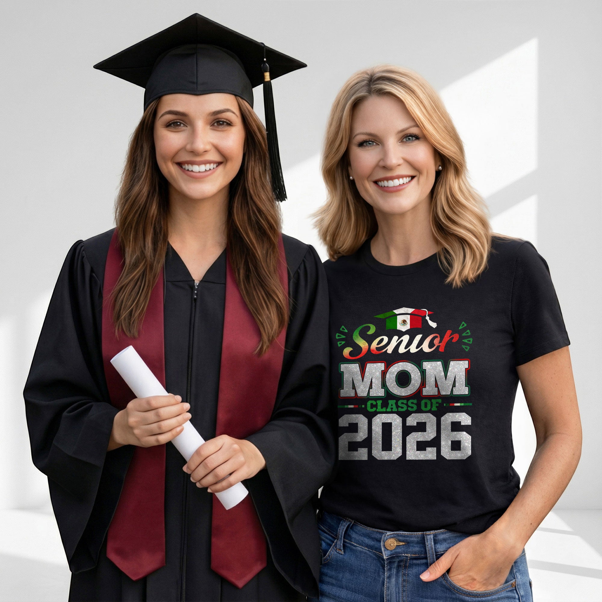Senior Family 2026 Mexico Flag Varsity Shirt - Proud Mexican Silver Glitter Graduation Tee..